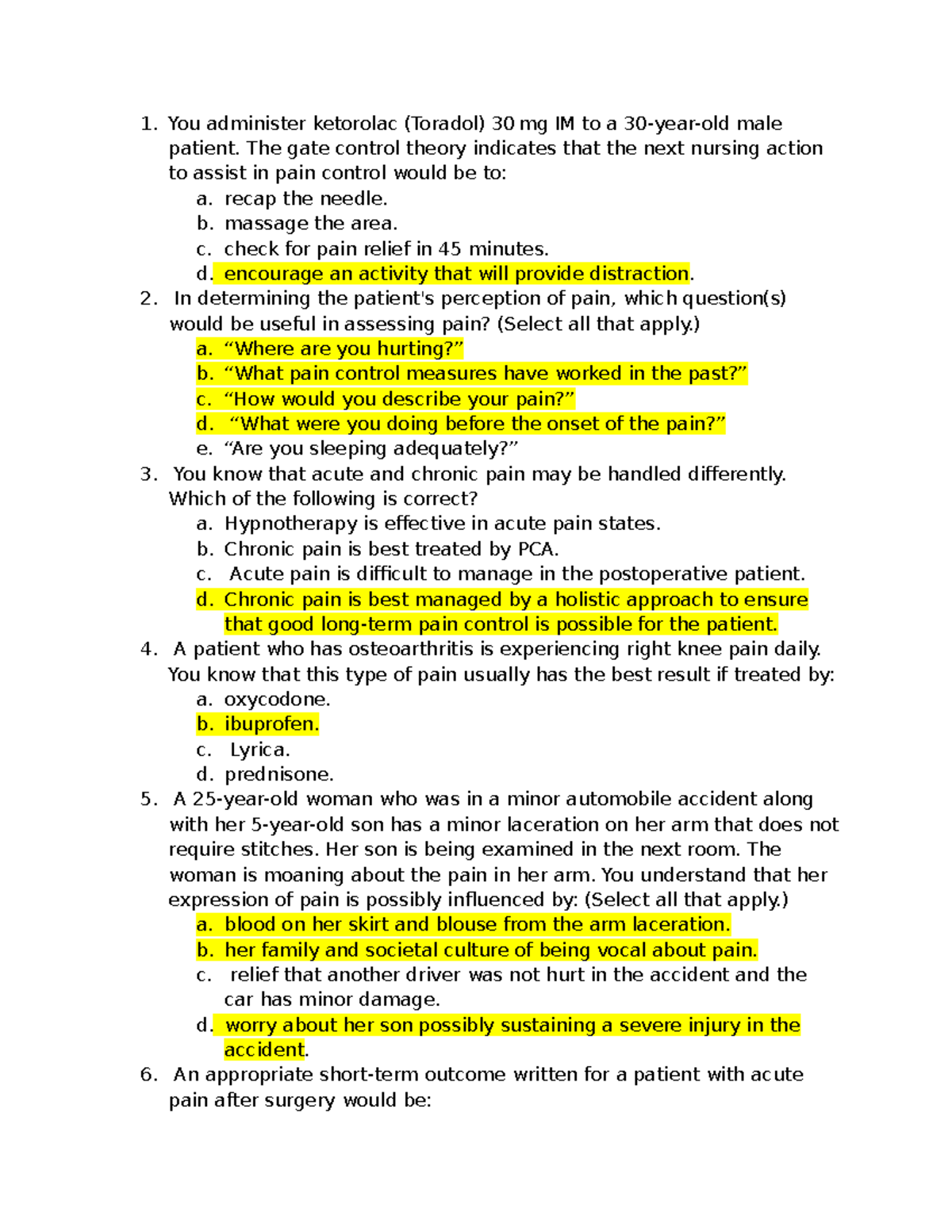 Chapter 7 NCLEX Questions: Pain Management and Nursing Actions - Studocu