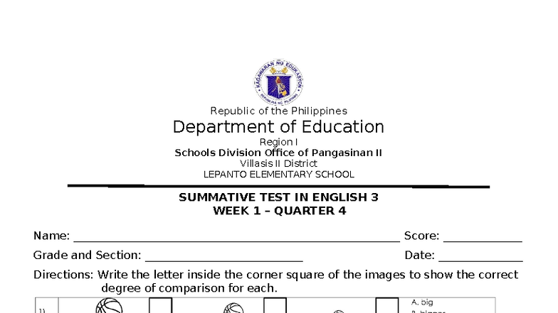Q4 ENGLISH 3 SUMMATIVE TEST WEEKS 1-2 - Studocu