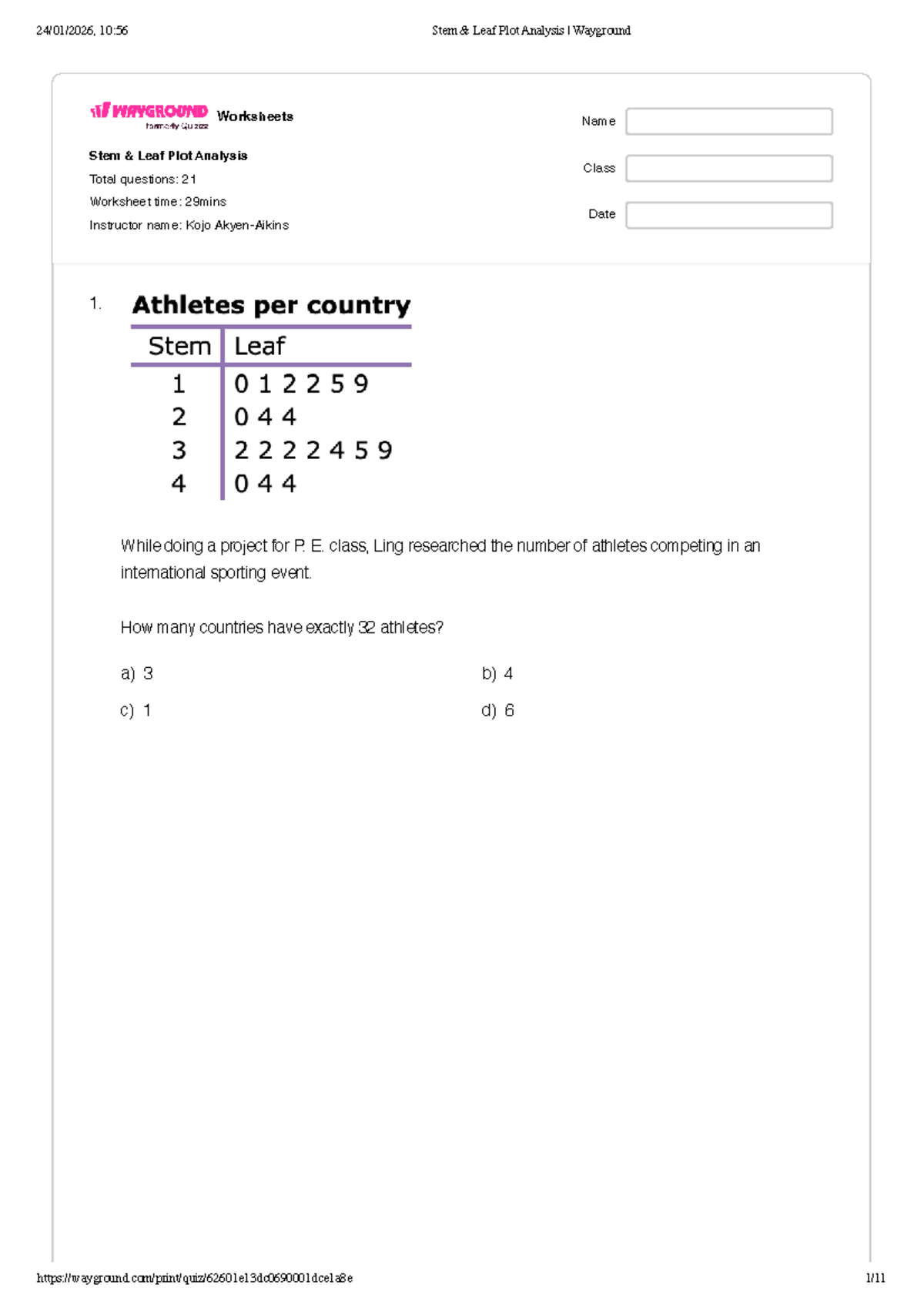 Stem & Leaf Plot Analysis Worksheet - Total Questions: 21 - Studocu