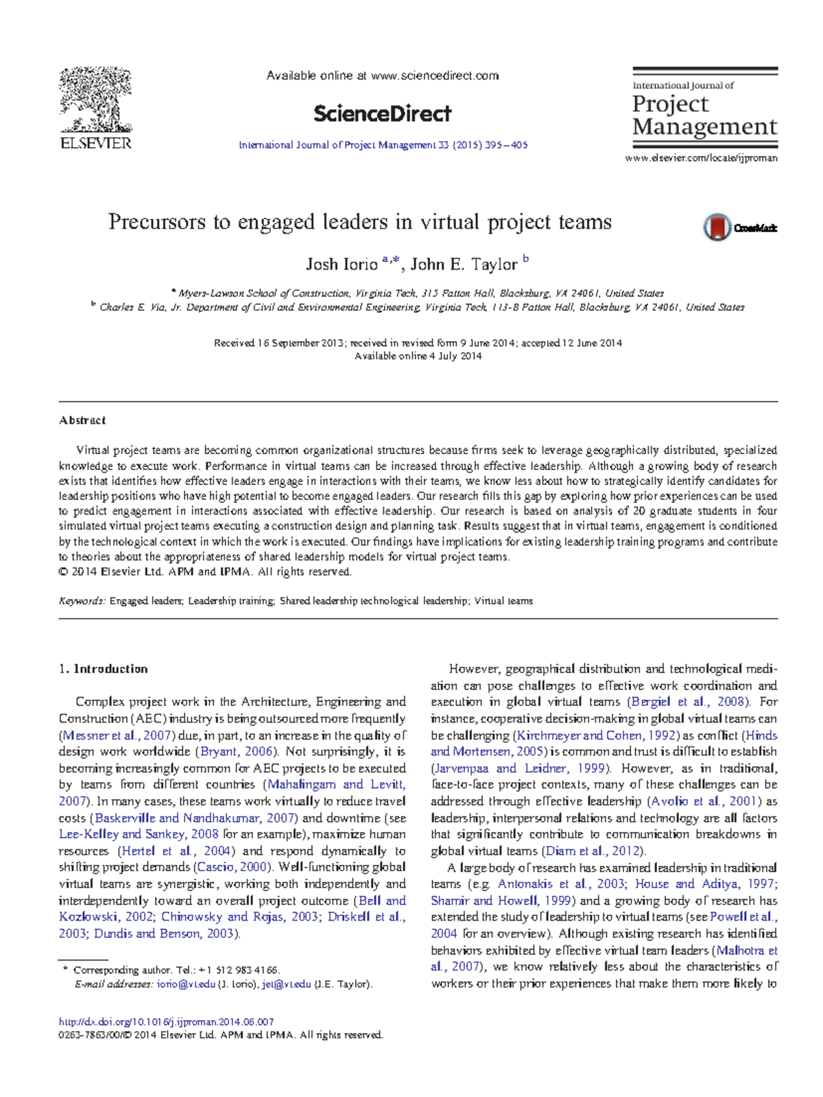 Engaged Leaders in Virtual Project Teams: Insights from AEC 101 ...