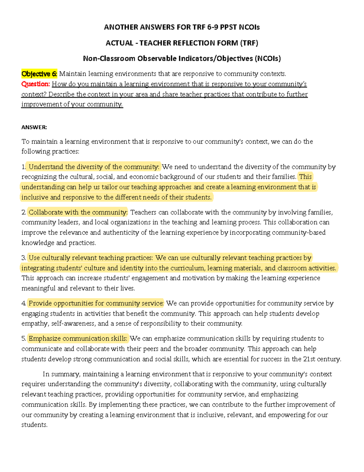 TRF Reviewer: Answers for Objectives 6-8 in PPST NCOIs - Studocu