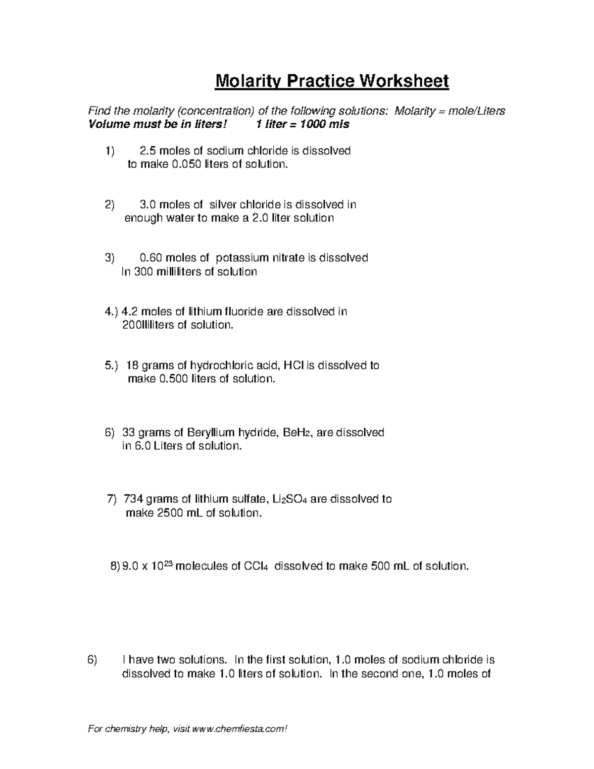 Molarity Practice Worksheet: Calculating Concentrations in Solutions ...