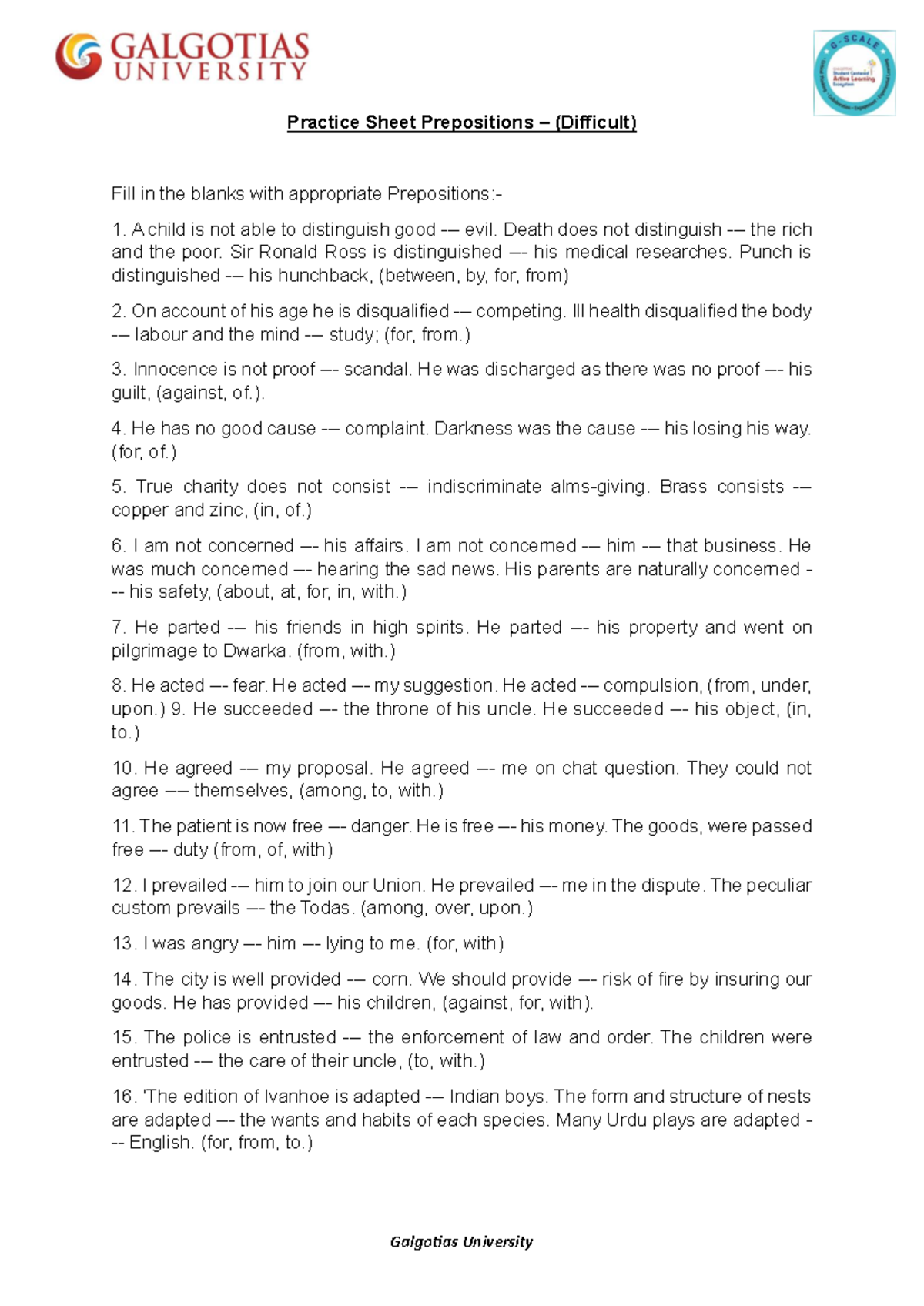 Practice Sheet - Prepositions (Difficult) - Galgotias University - Studocu
