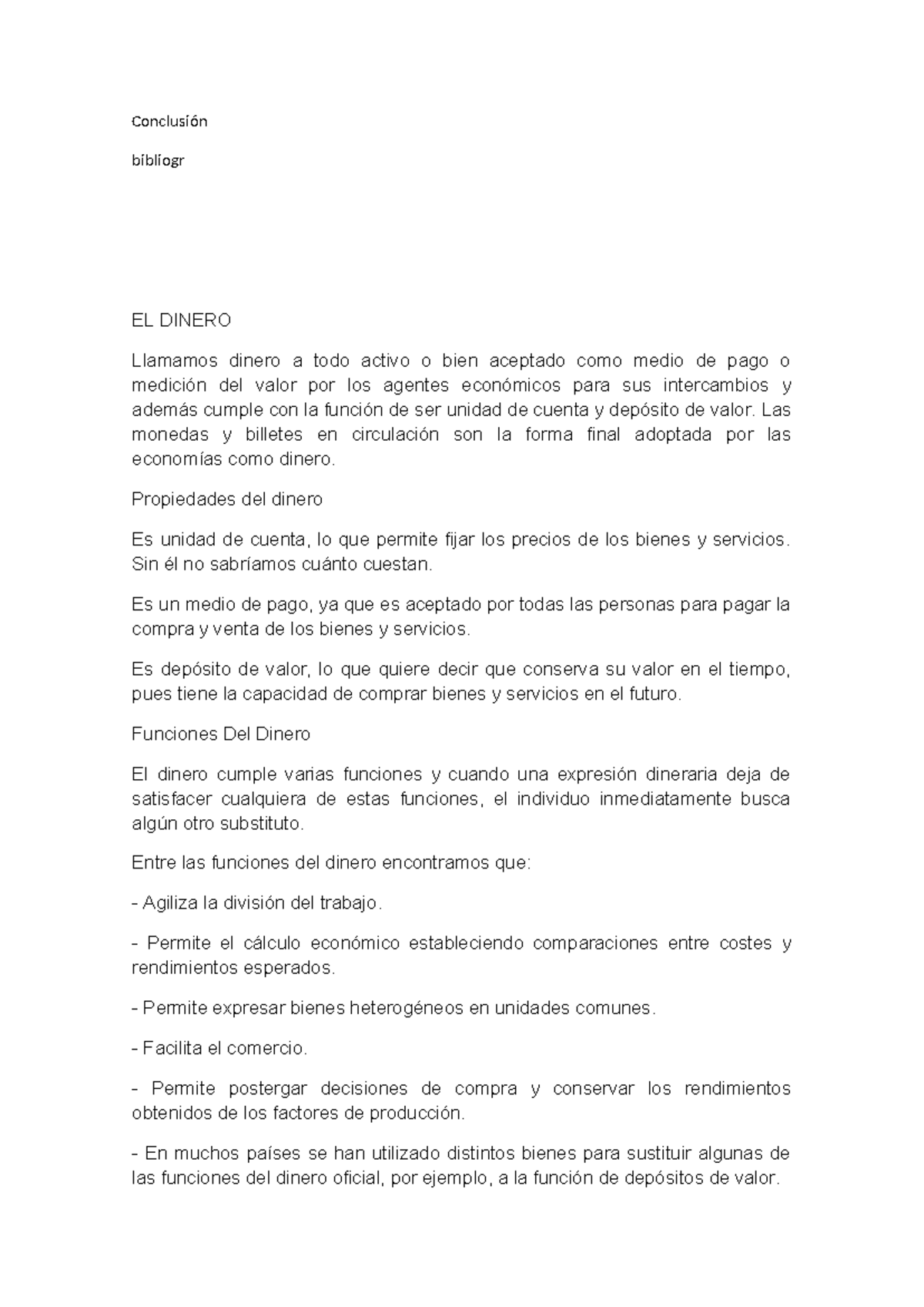 Conclusiones sobre el Dinero y su Función en la Economía - TAREA - Studocu