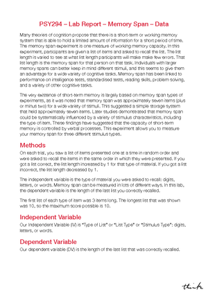 PSY294 Lab Report - WORKING MEMORY A Comprehensive Analysis of Memory ...