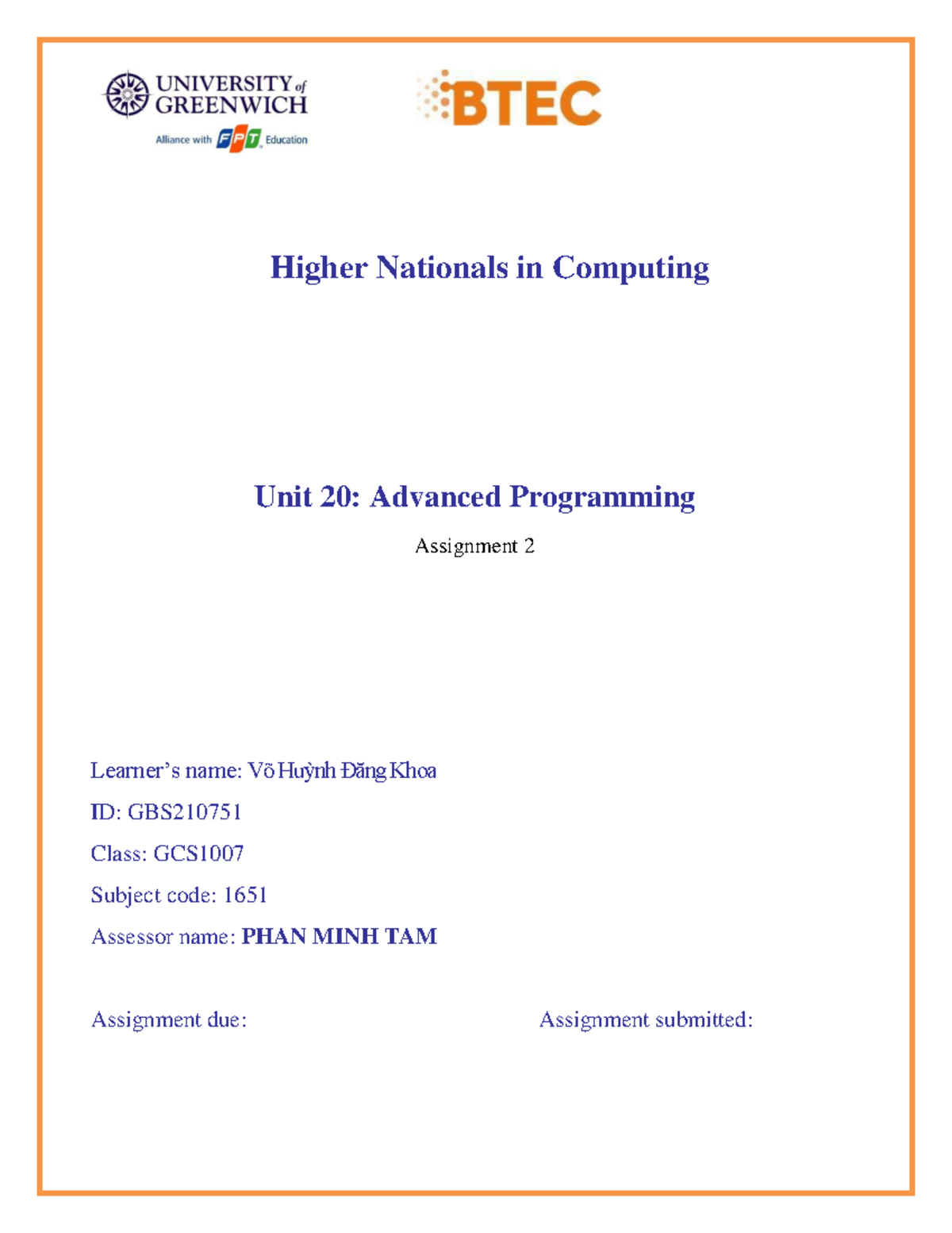 1651 - Advanced Programming Assignment 2 - Vo Huynh Dang Khoa - Studocu