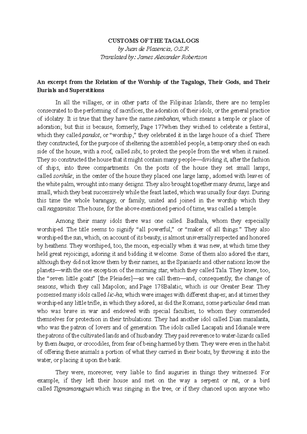 Customs of the Tagalog People: An Analysis by Juan de Plasencia - Studocu