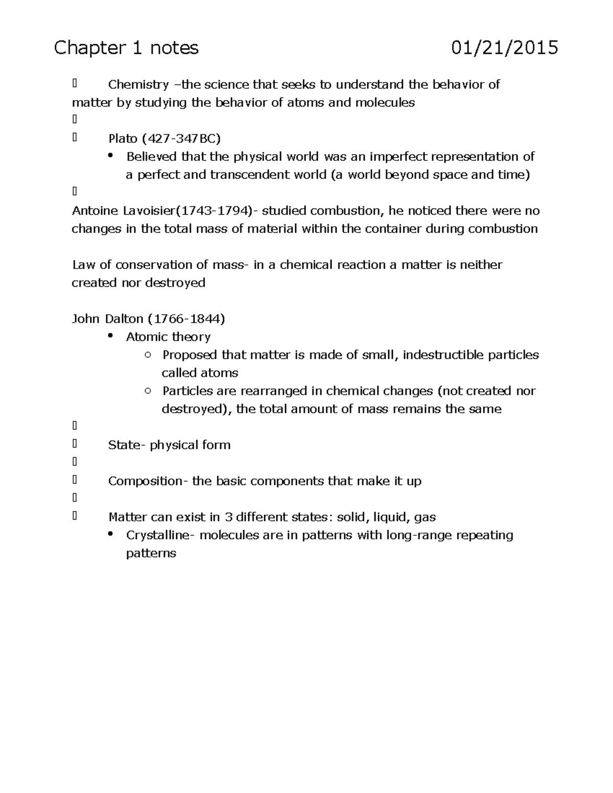 Chem 101: Chapter 1 Notes - Basics of Atomic Theory & Matter - Studocu