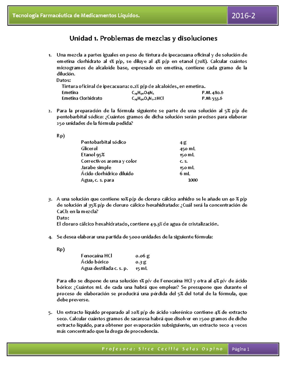 Ejercicios para Examen de Problemas de Mezclas y Disoluciones Chem 101 ...