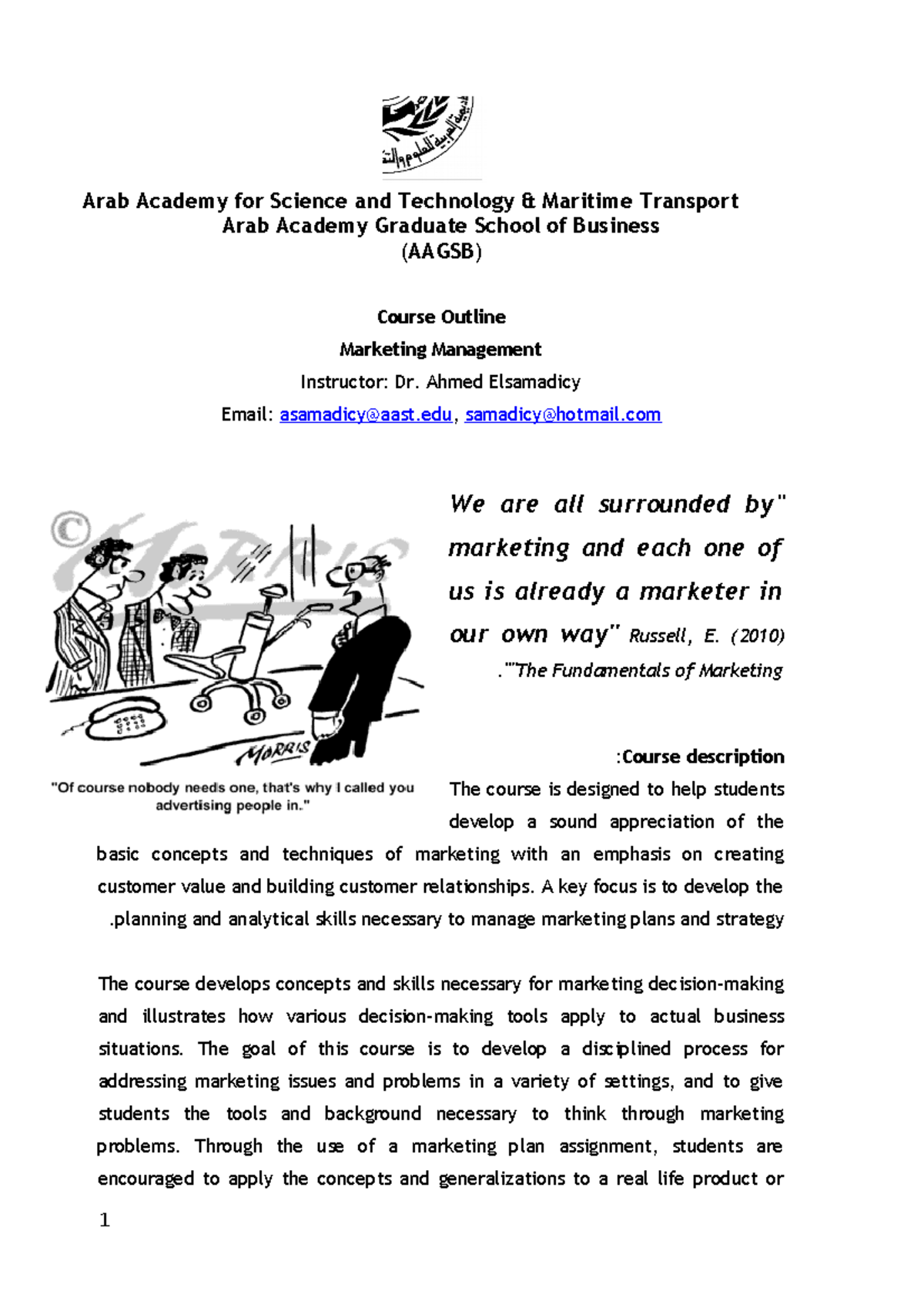 Marketing Management Course Syllabus - AAGSB Overview and Goals - Studocu