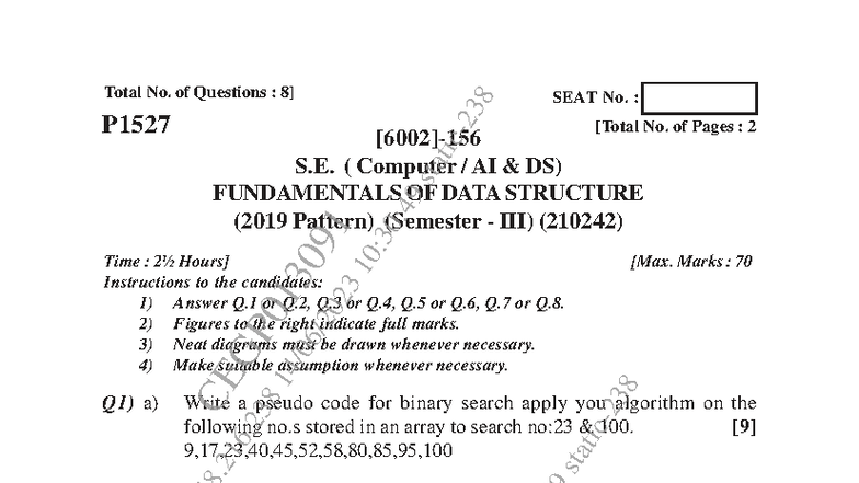 SPPU SE AIDS Fundamentals of Data Structures Midterm Exam May-Jun 2023 ...