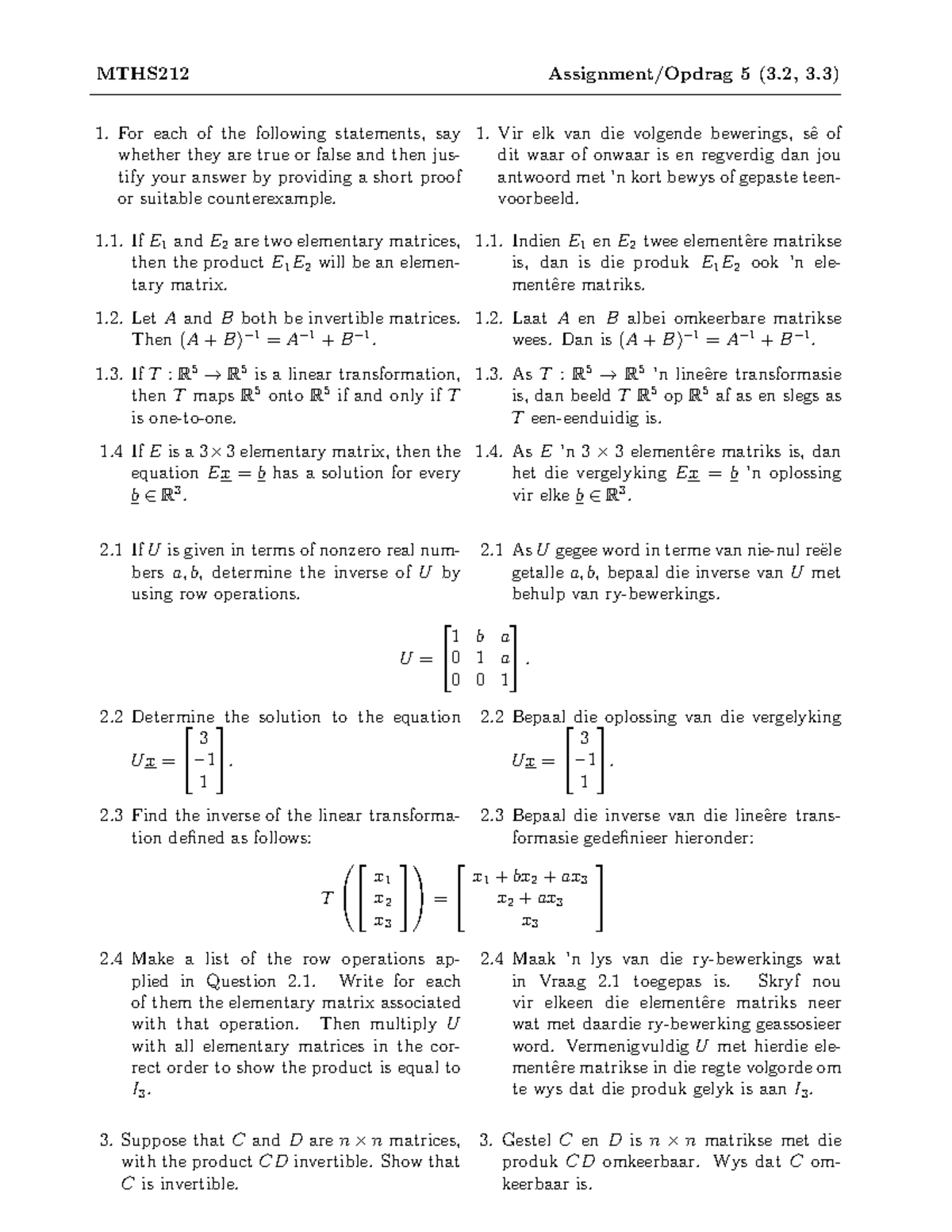 MTHS212 - Assignment 5: True/False Statements & Matrix Inverses - Studocu