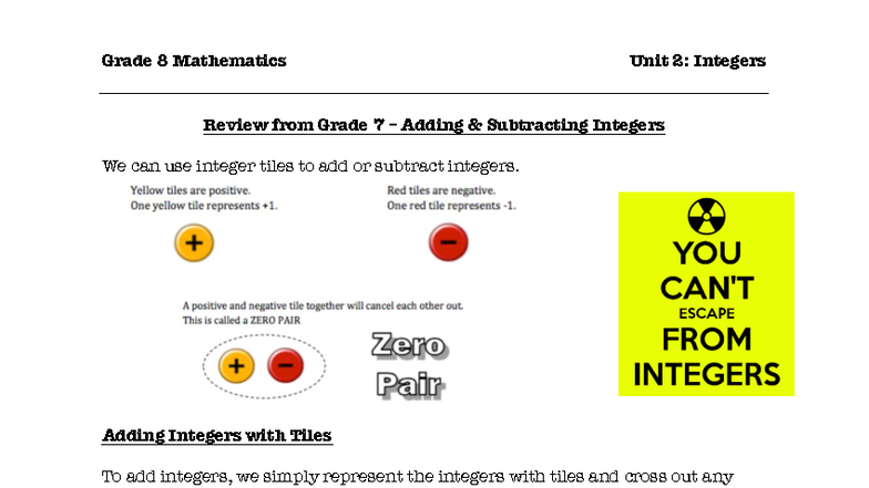 Grade 8 Math Unit 2: Integers Review and Operations Notes - Studocu