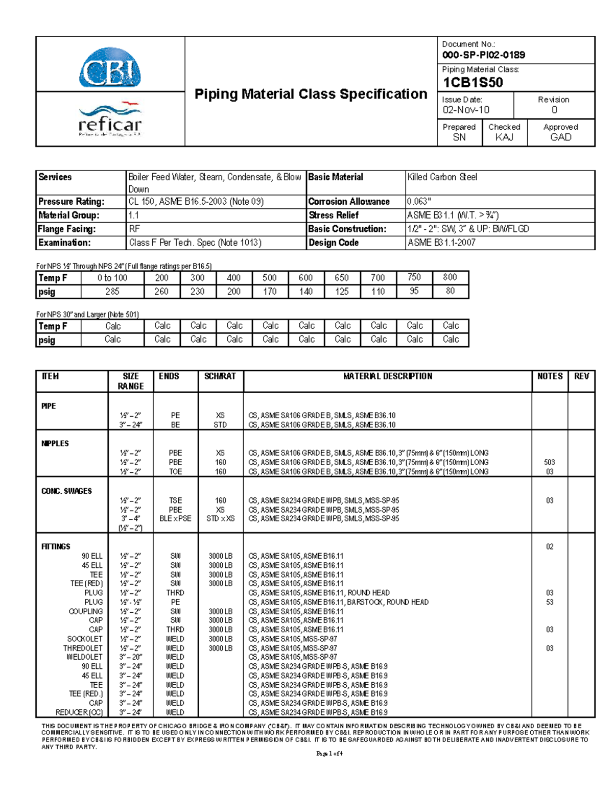 Piping Material Class Specification: Boiler Feed Water & Steam (1CB1S50 ...