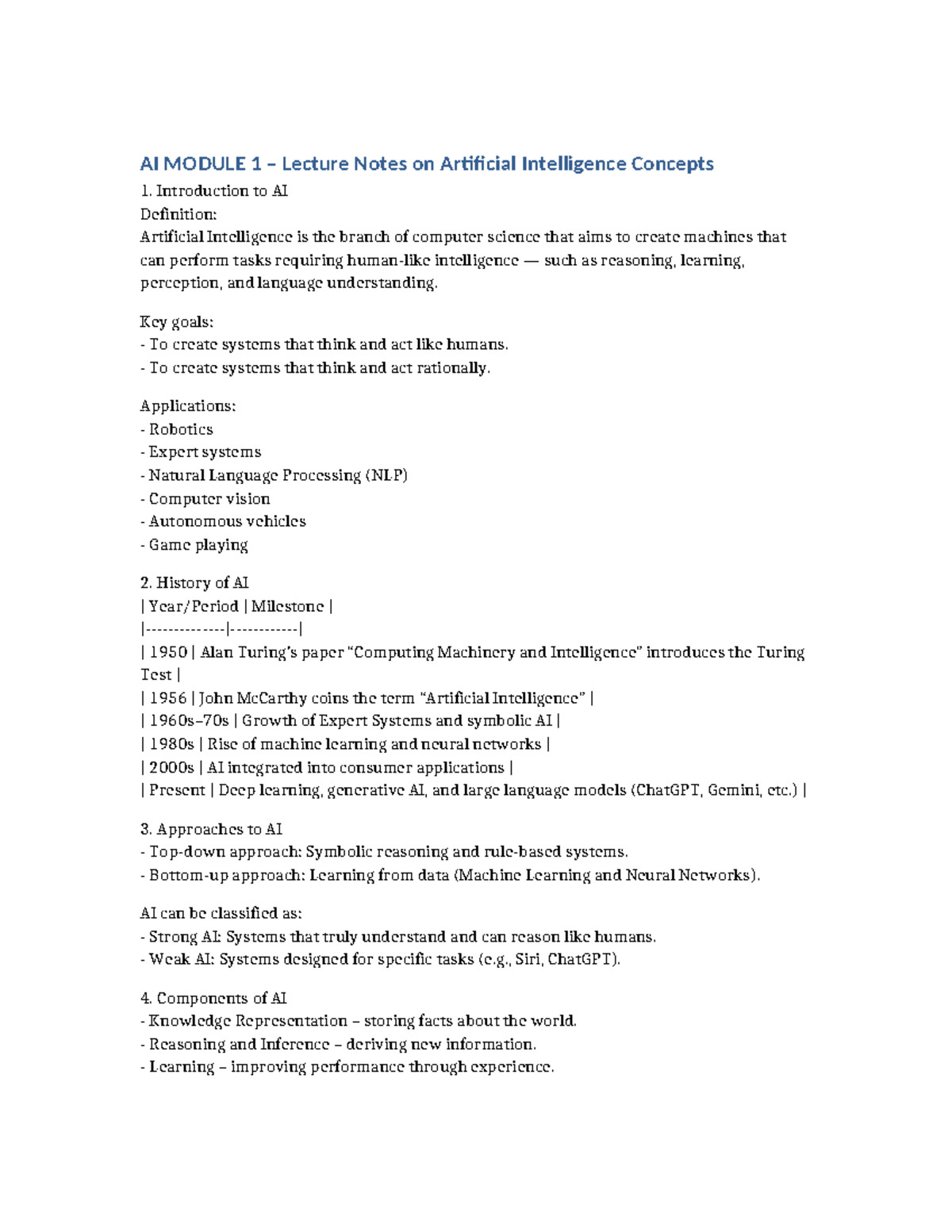 AI MODULE 1 Lecture Notes: Key Concepts in Artificial Intelligence ...