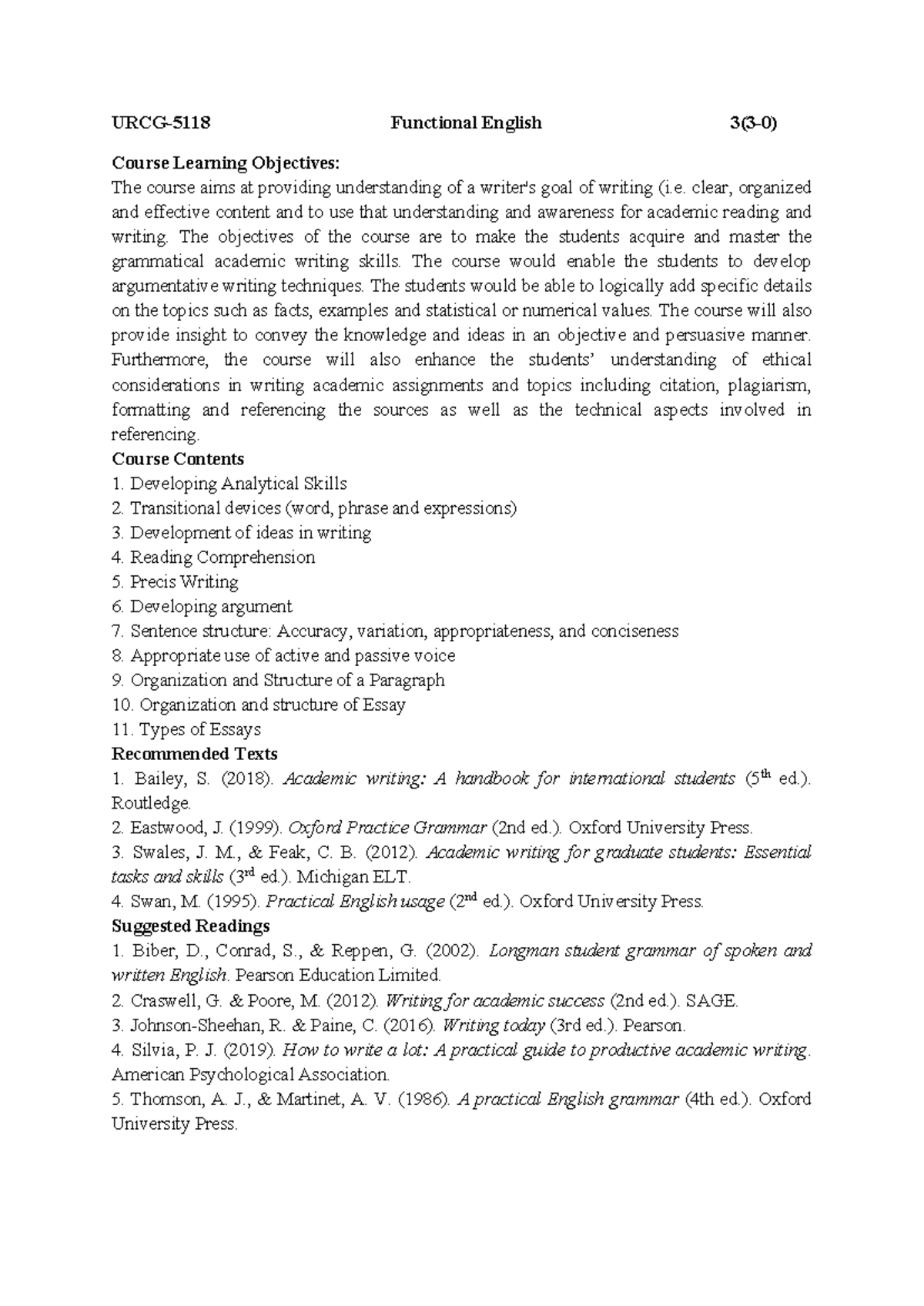 URCG-5118 Functional English Course Learning Objectives and Content ...