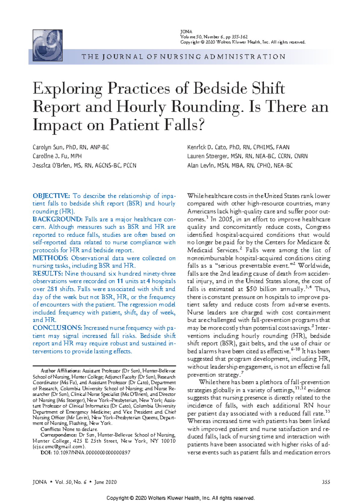 JONA 50(6): Examining Bedside Shift Report & Hourly Rounding Effects on ...