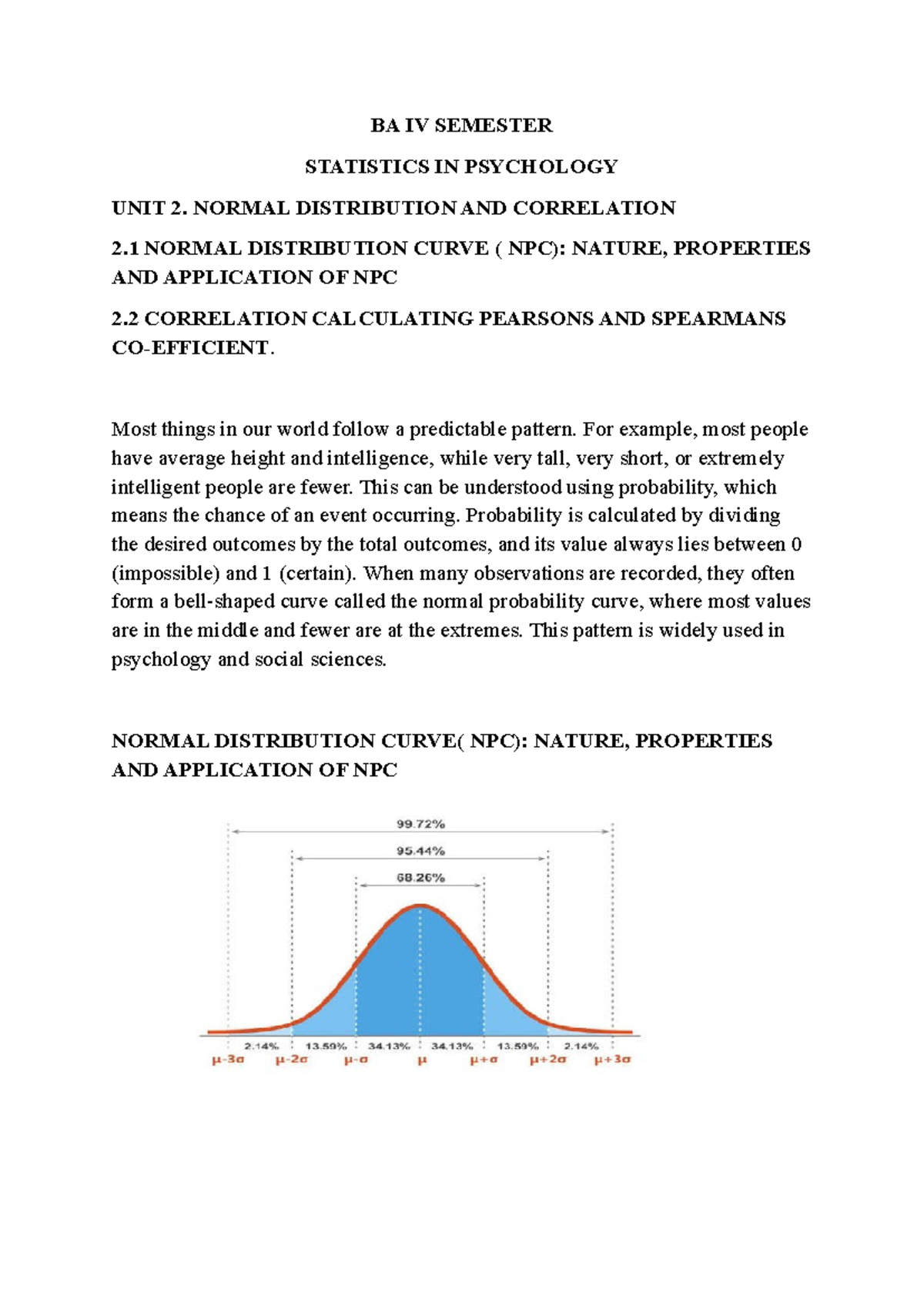 BA IV SEMESTER STATISTICS IN PSYCHOLOGY: NORMAL DISTRIBUTION ...