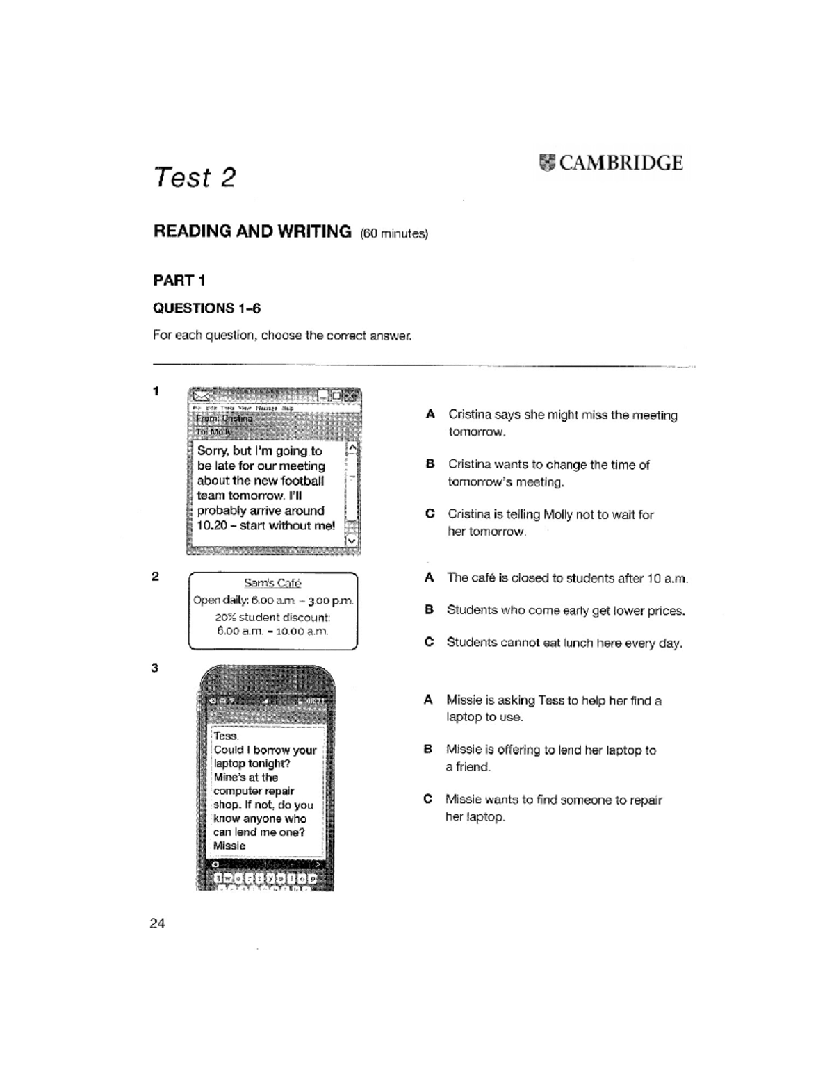 A2 - KEY 1 - TEST 2 - READING AND WRITING QUESTIONS - Studocu