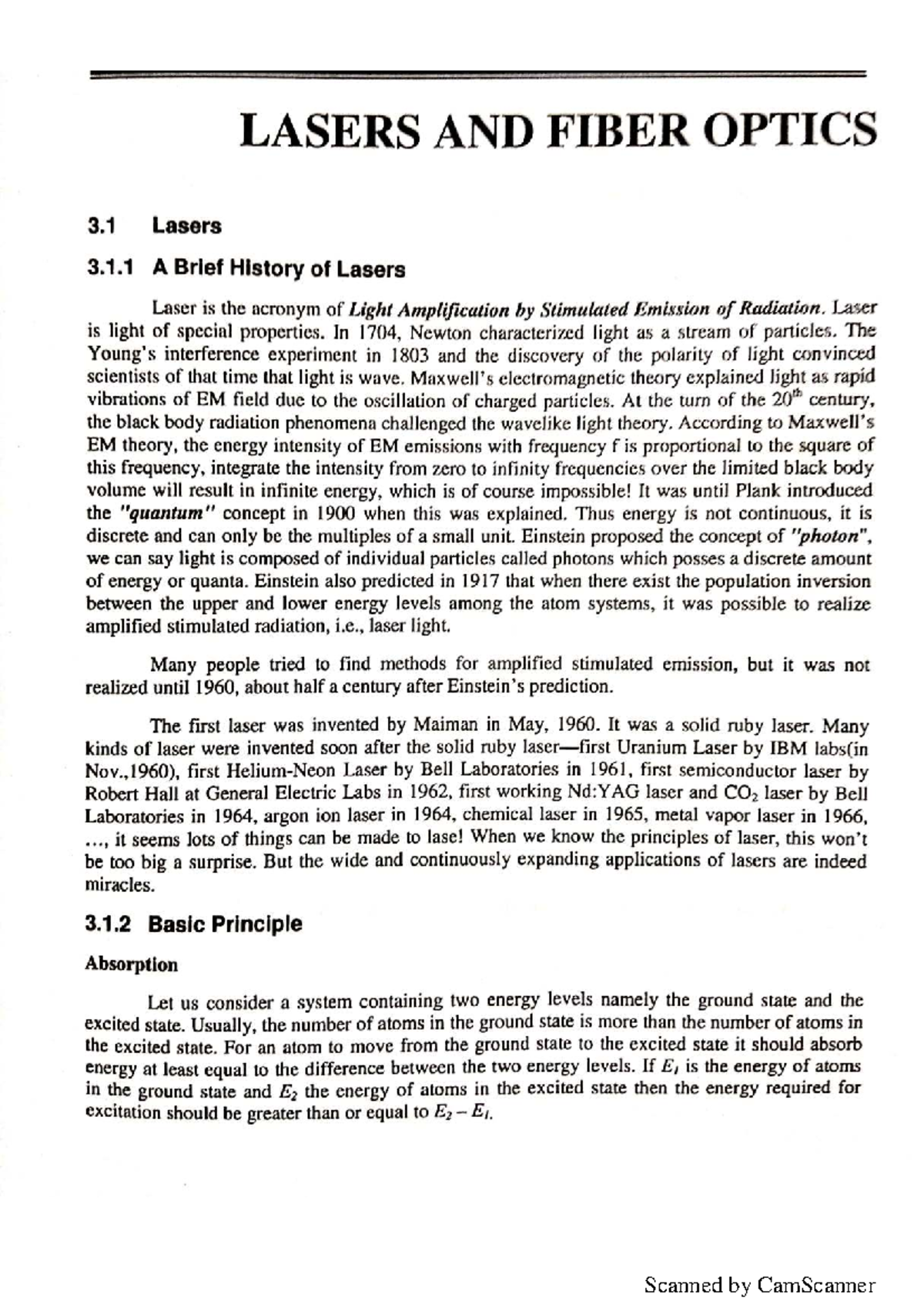 Unit 5 - PHYSICS - LASERS AND FIBER OPTICS 3 Lasers 3.1 A Brief History ...