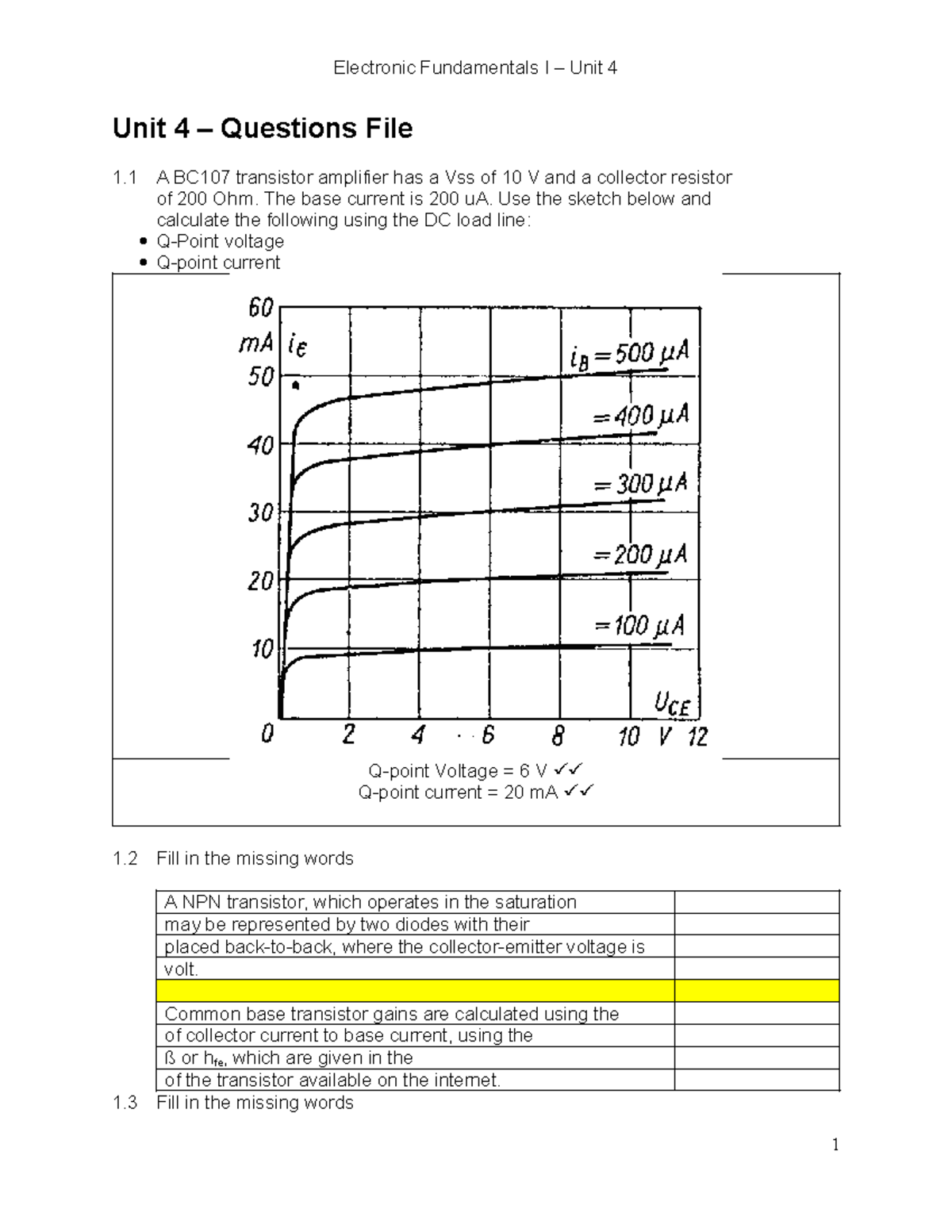 Electronic Fundamentals I Unit 4: Questions and Circuit Analysis - Studocu