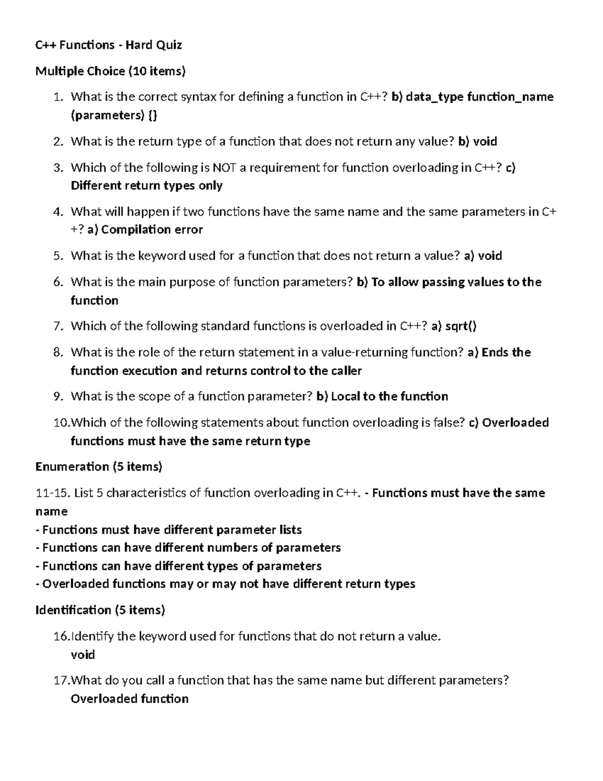 C++ Function Quiz Answer Key - Hard Level - Studocu