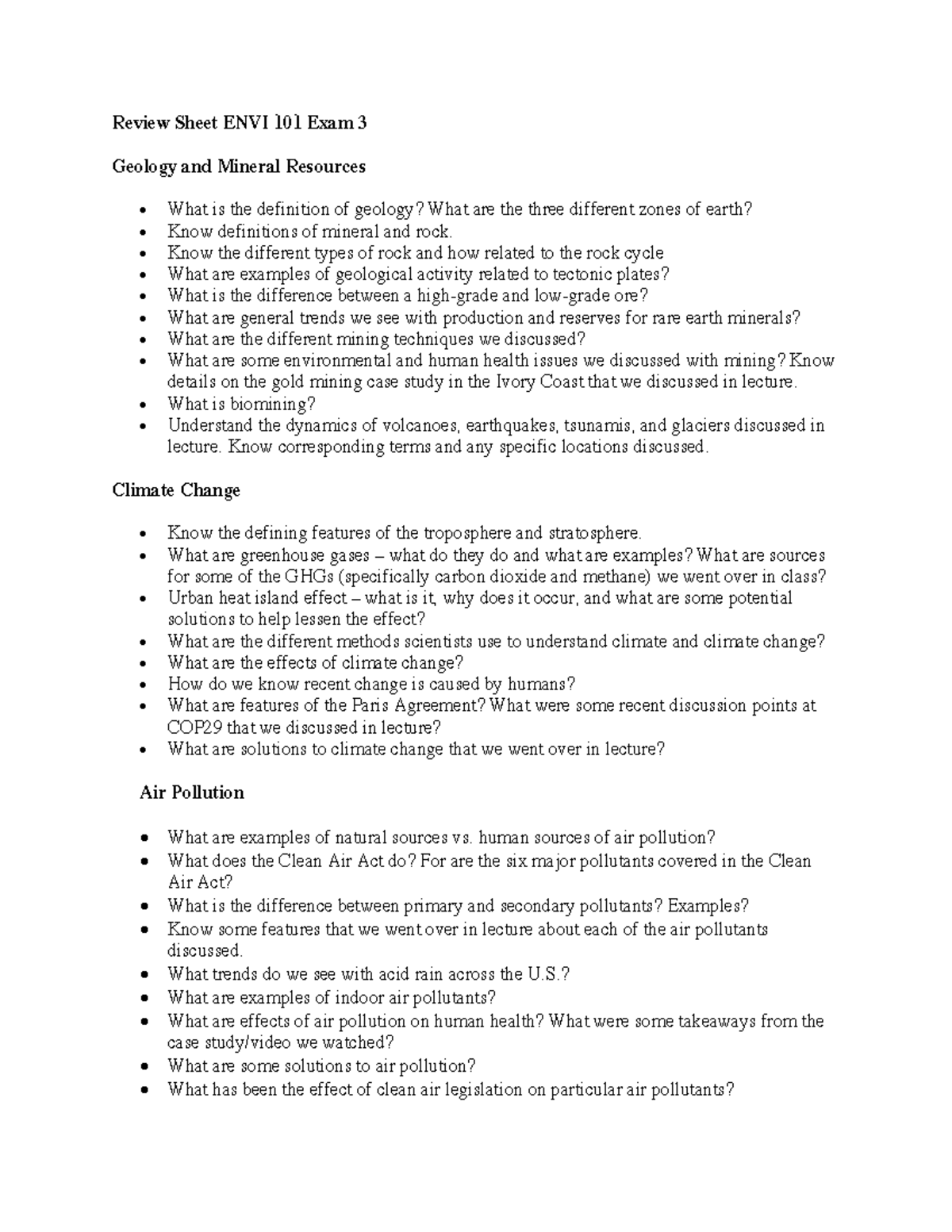 ENVI 101 Exam 3 Review: Geology, Climate Change & Air Pollution - Studocu