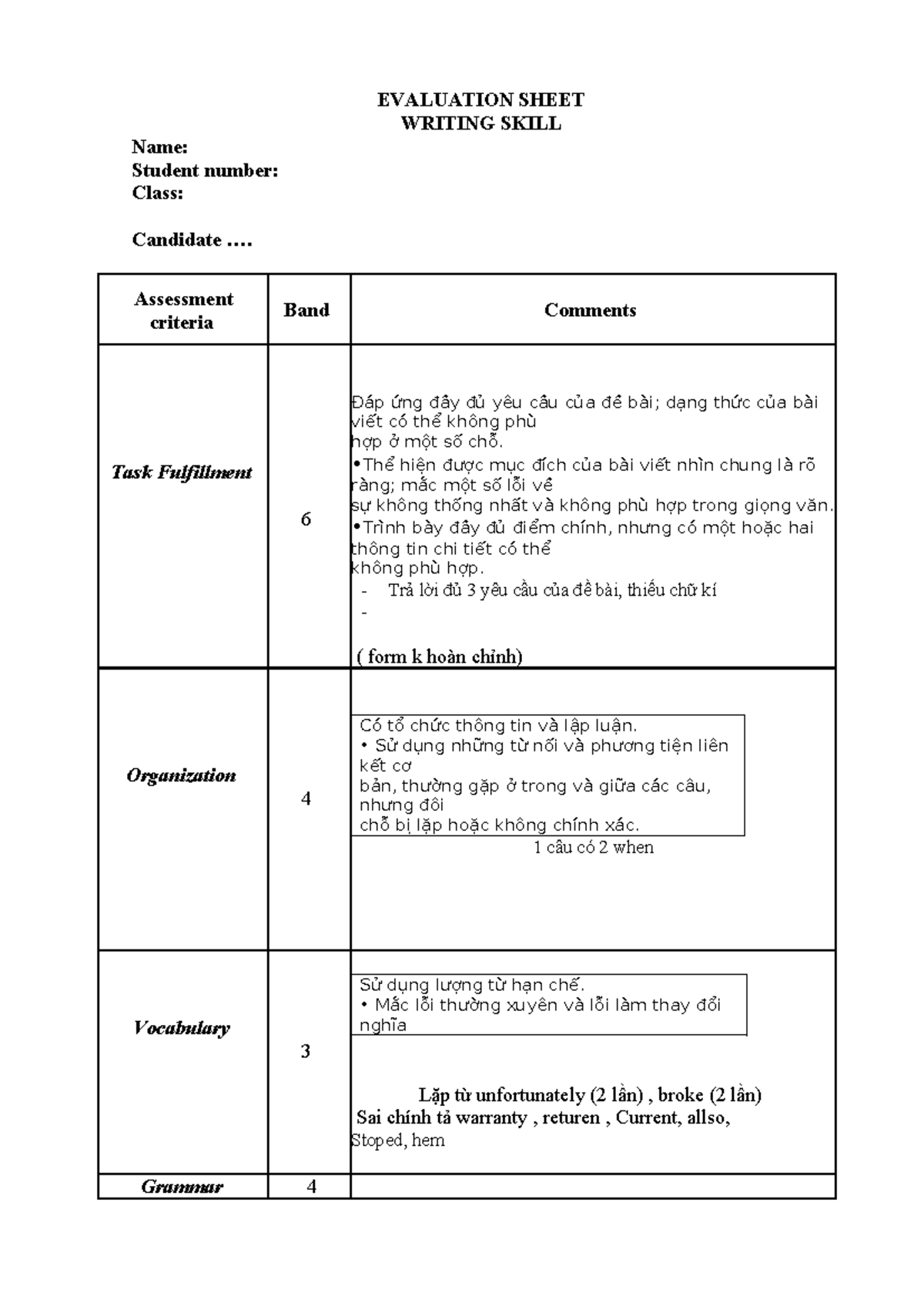 Evaluation sheet for writing skill assessment - course code: KJGHJMH ...
