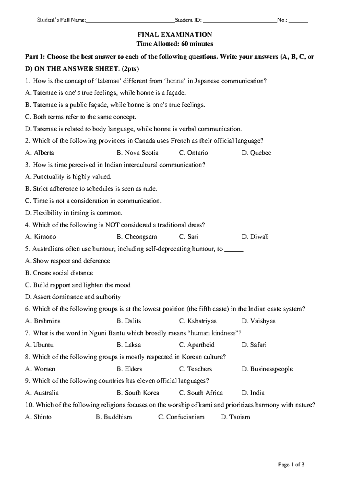 Sample TEST 1: FINAL EXAMINATION on Intercultural Communication - Studocu