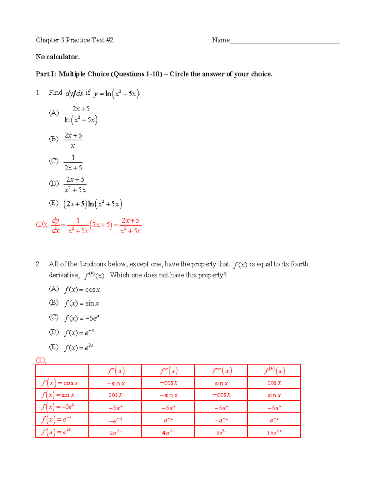 Calculus BC Chapter 3 Test Practice 2 Key - Studocu