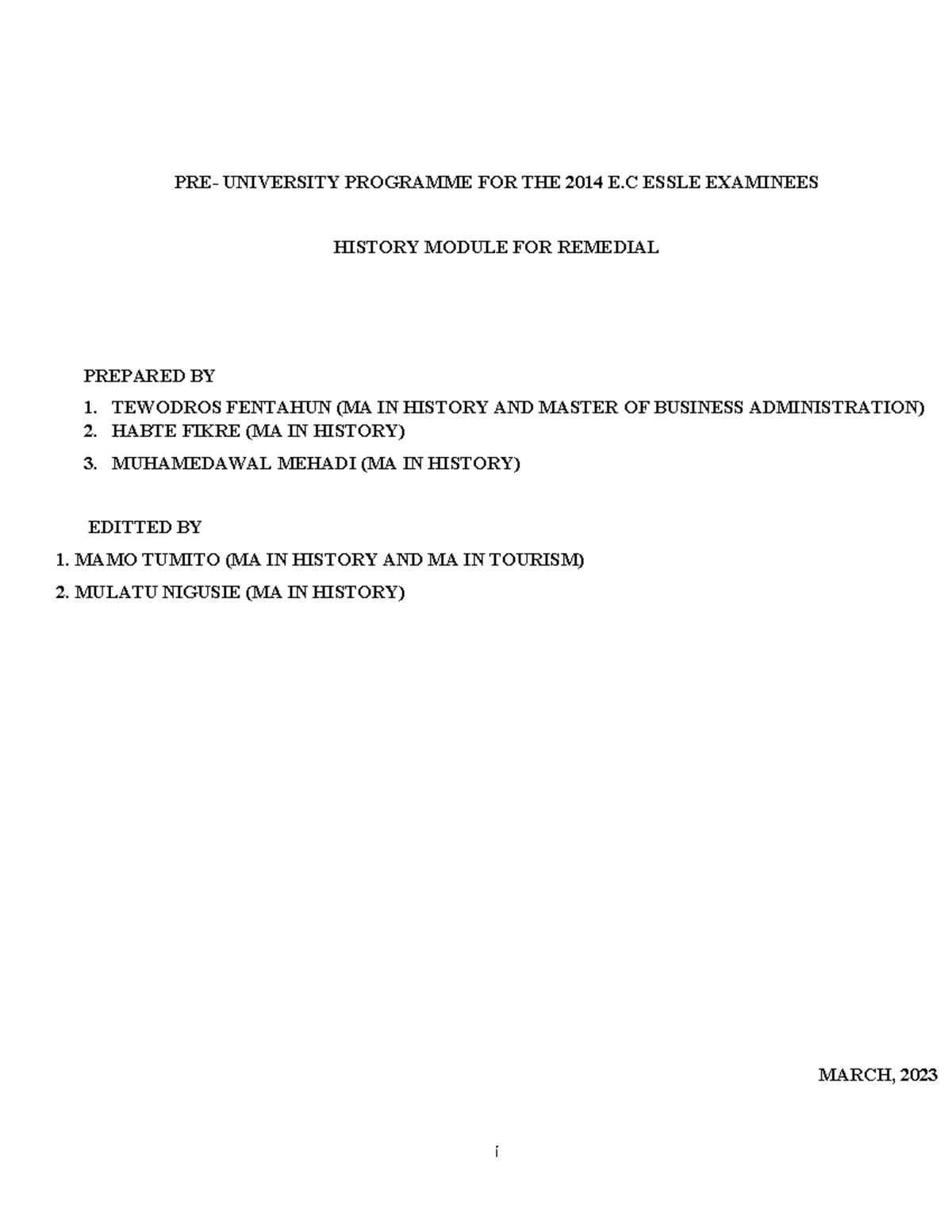 Remedial History Module for Pre-University Program: 2014 E.C ESSLE ...