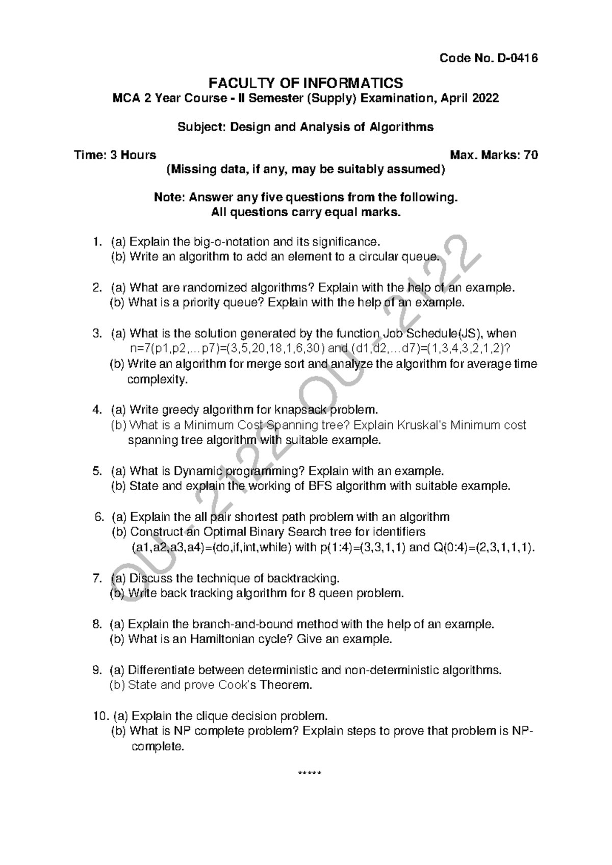 MCA II Sem: Design & Analysis of Algorithms Exam Questions (2022) - Studocu