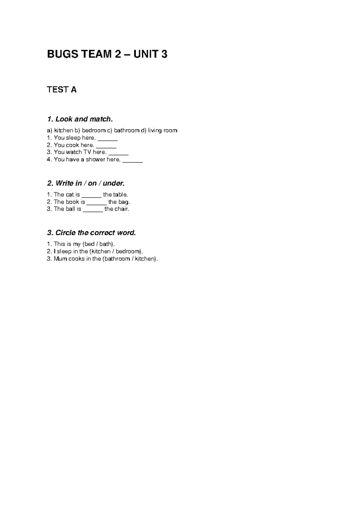 Bugs Team 2 Unit 3 Tests A & B with Answer Key - Studocu