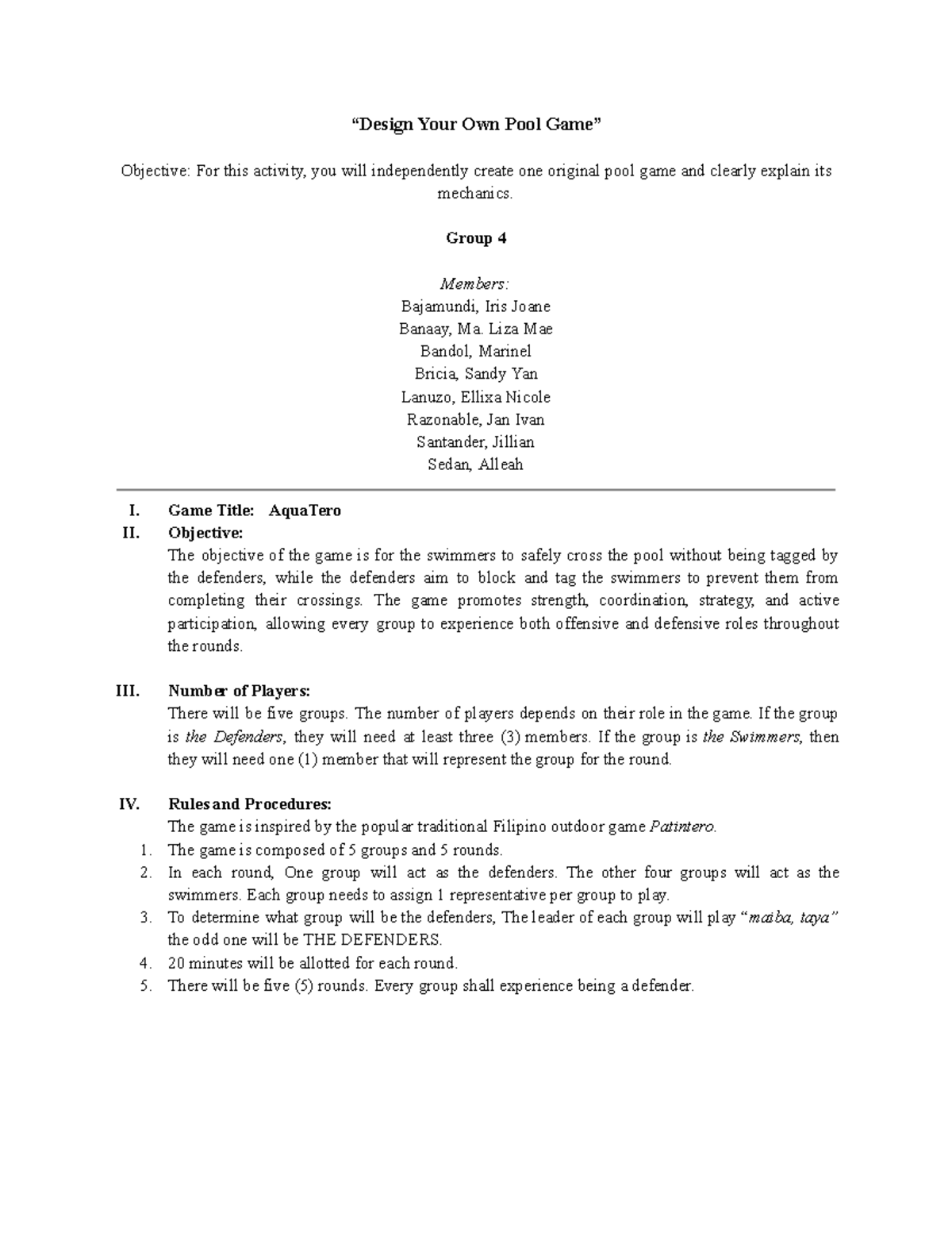 Pathfit - AquaTero Pool Game Mechanics and Rules - Studocu
