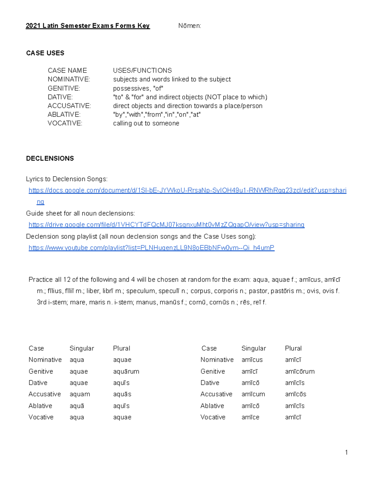 2021 Latin Semester Exam Forms Answer Key - Studocu