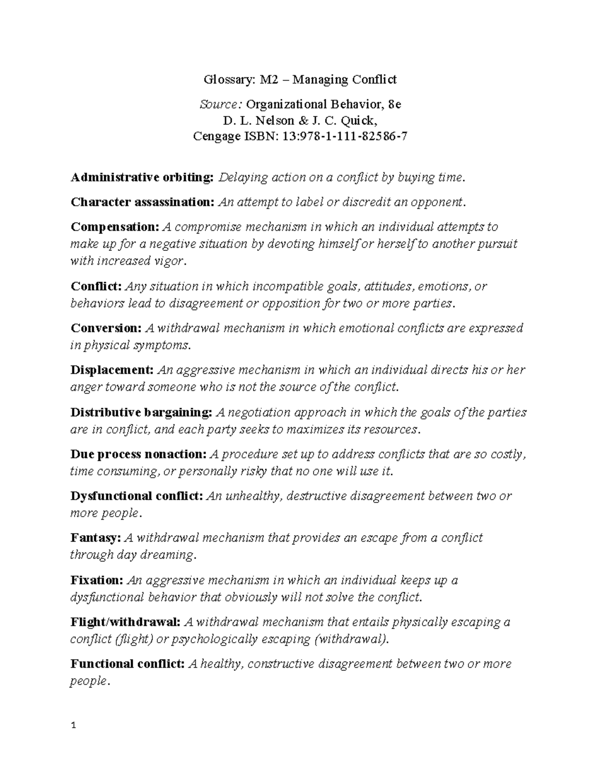 Conflict Management Terms Glossary for Org Behavior (OB 8e) - Studocu