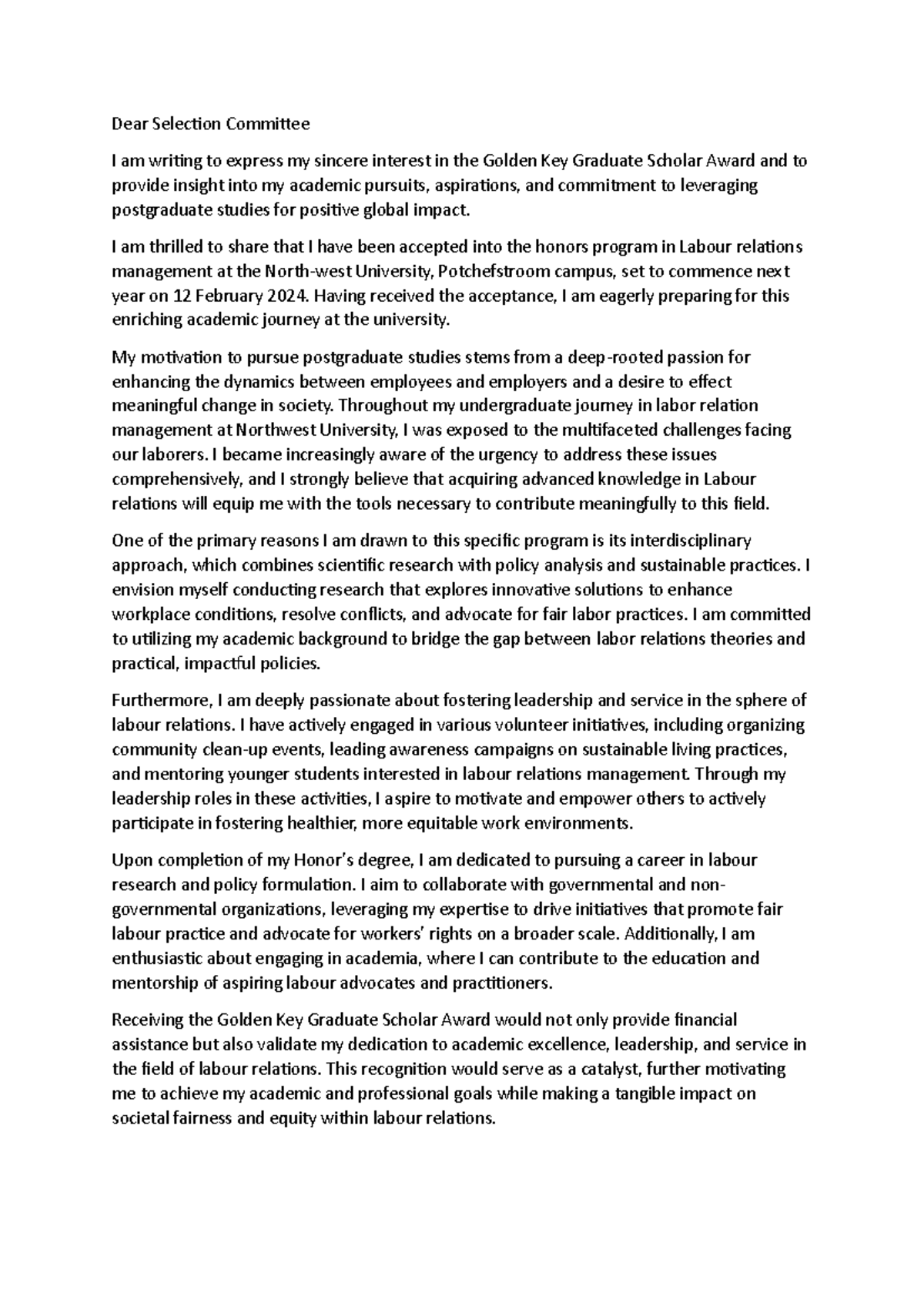 Application for Golden Key Graduate Scholar Award: Motivations & Goals ...