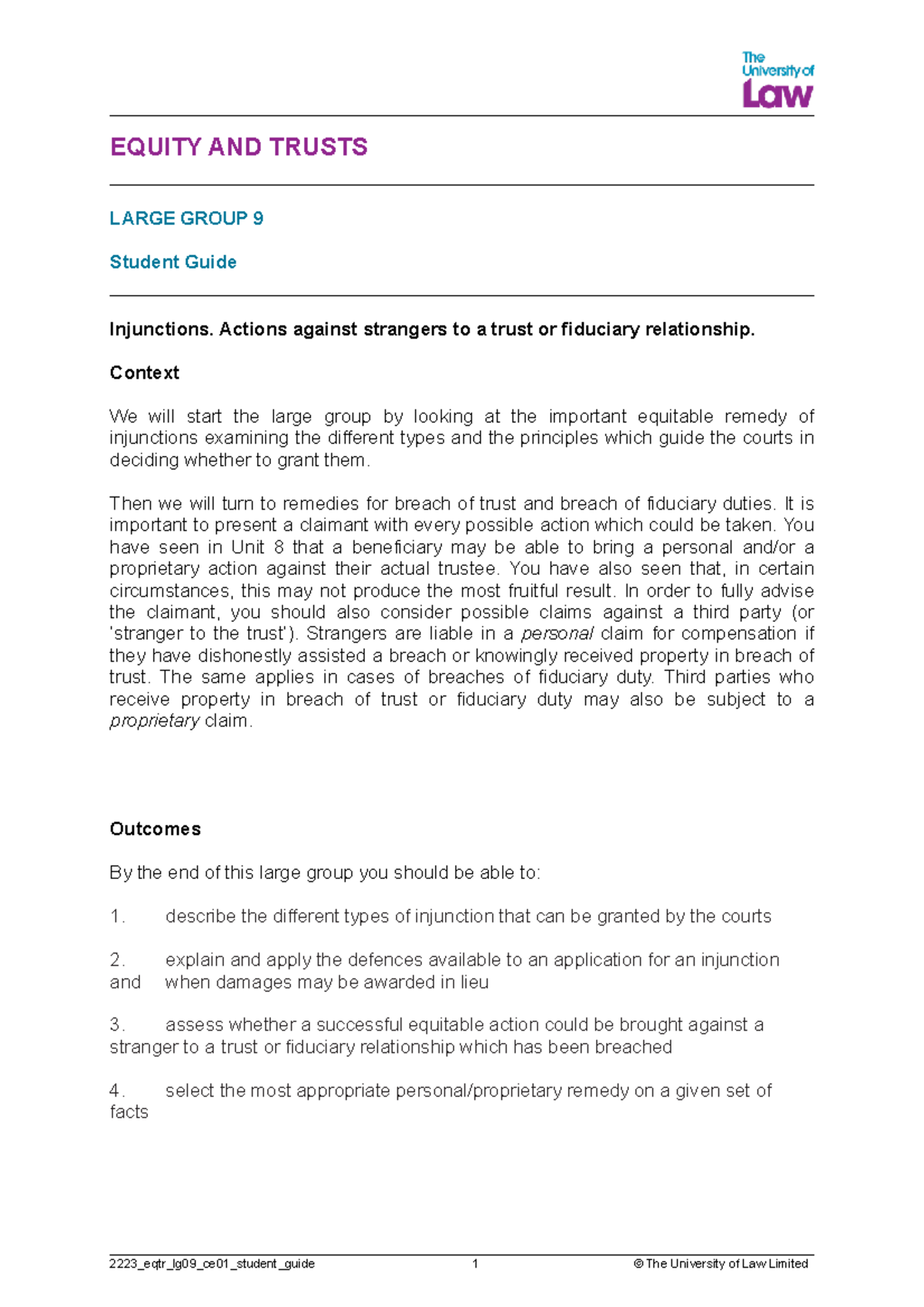 LG 9 Equity and Trusts: Student Guide on Injunctions and Third Party ...