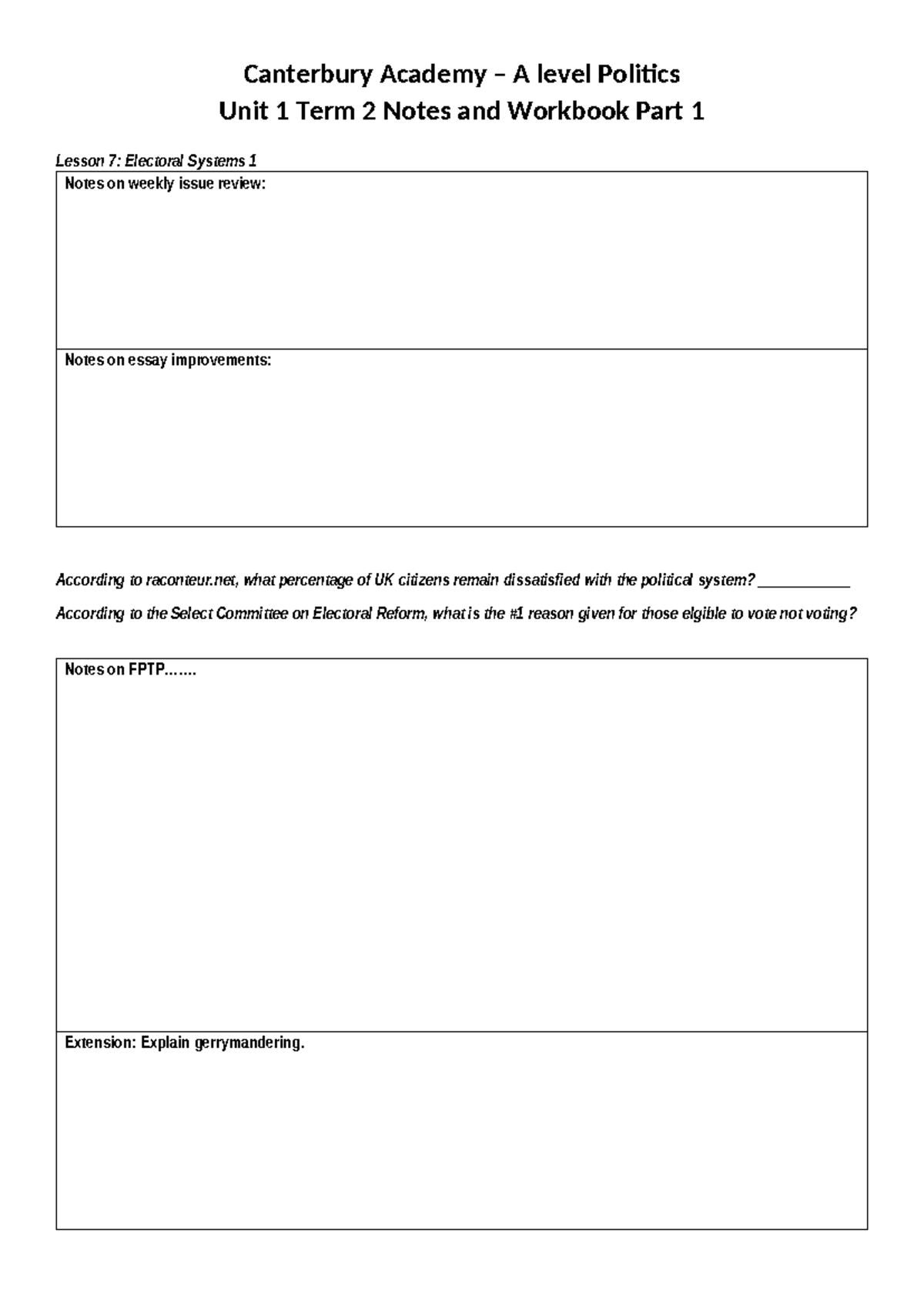 A level Politics 2019 UNIT 1.2 Workbook & Notes on Electoral Systems ...