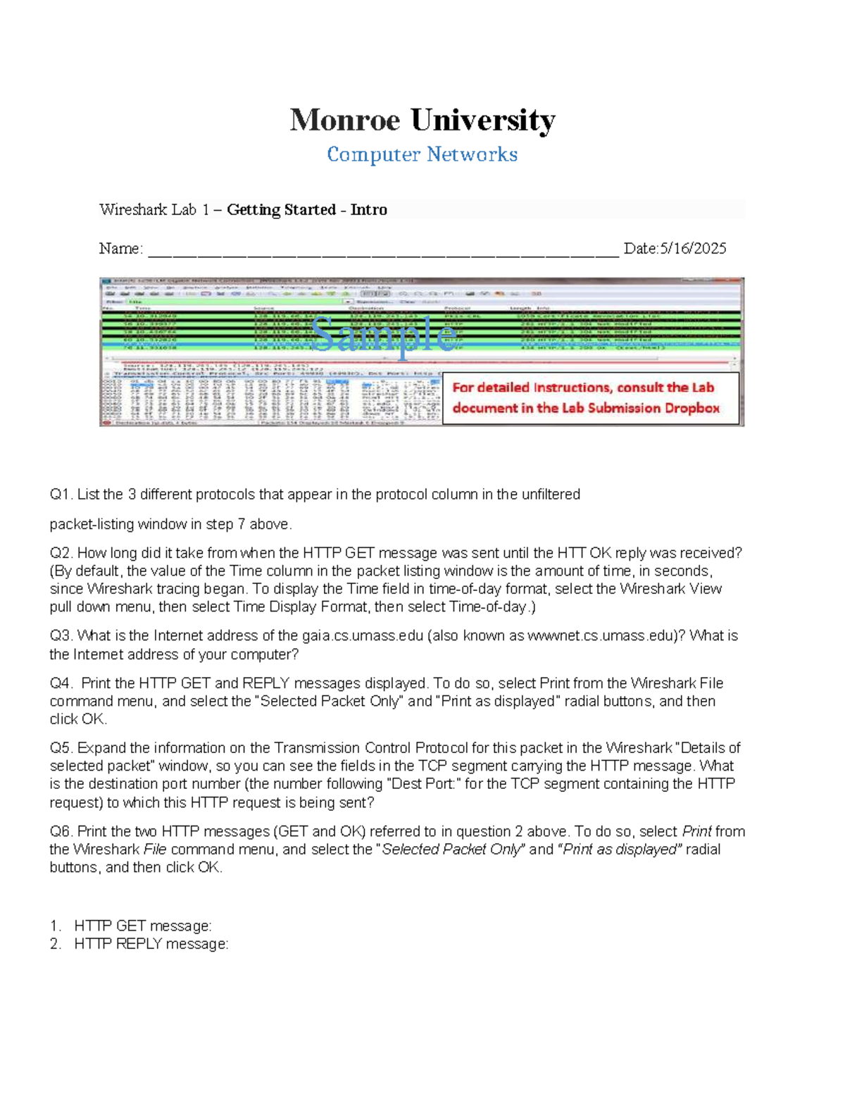 Monroe University Computer Networks: Wireshark Lab 1 Intro Guide - Studocu