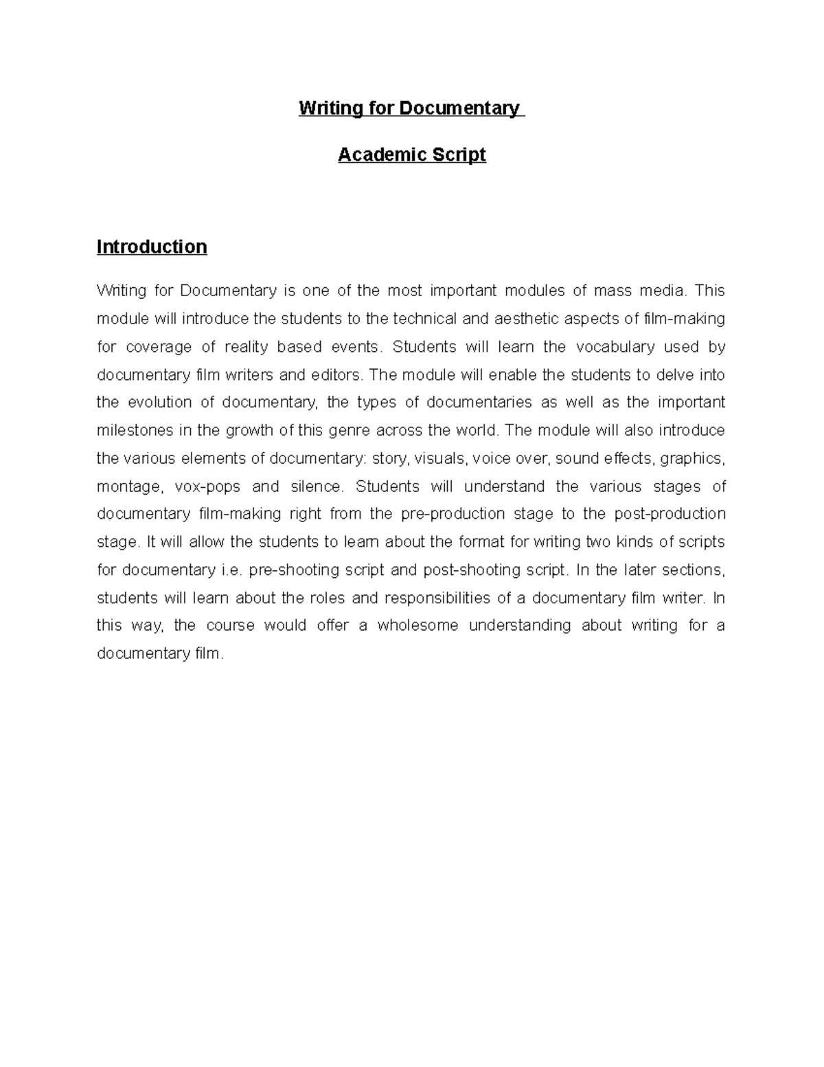 Writing for Documentary - Writing for Documentary Academic Script ...