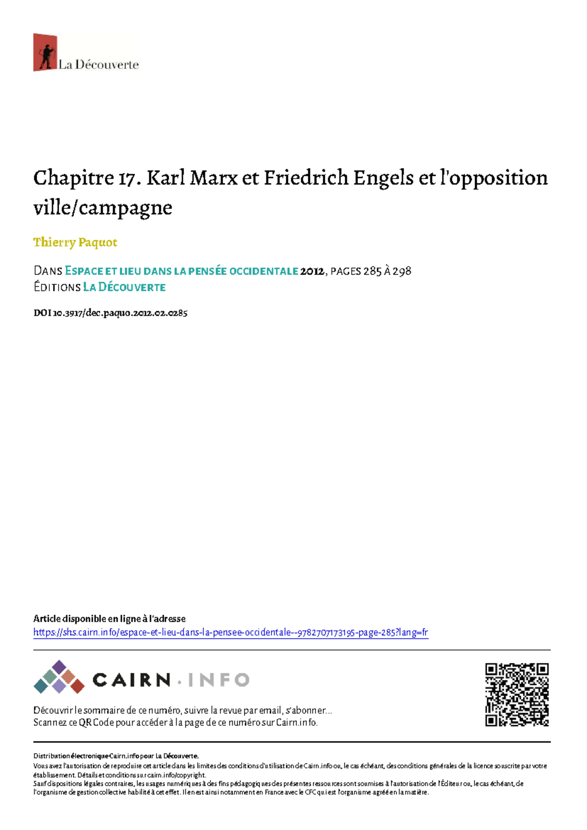Chapitre 17 : Karl Marx et Friedrich Engels sur l'Espace et la Ville ...