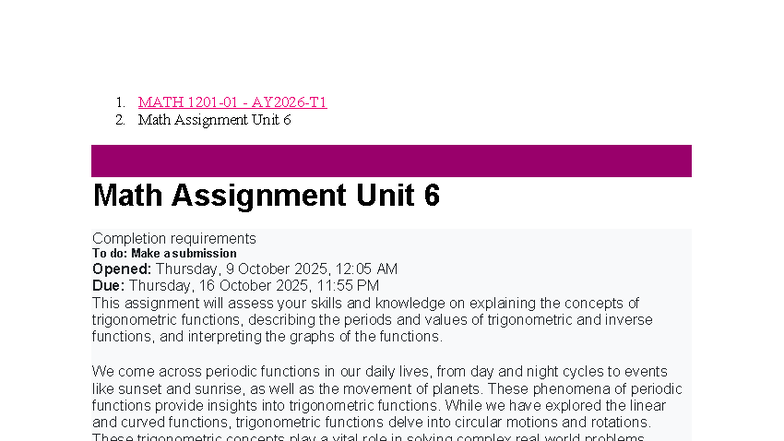 MATH 1201 Unit 6 Assignment: Trigonometric Functions Analysis - Studocu