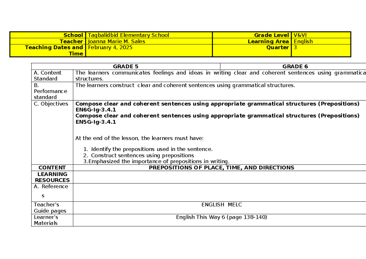 CO DLP Quarter 3 English: Teaching Prepositions for Grades 5 & 6 - Studocu