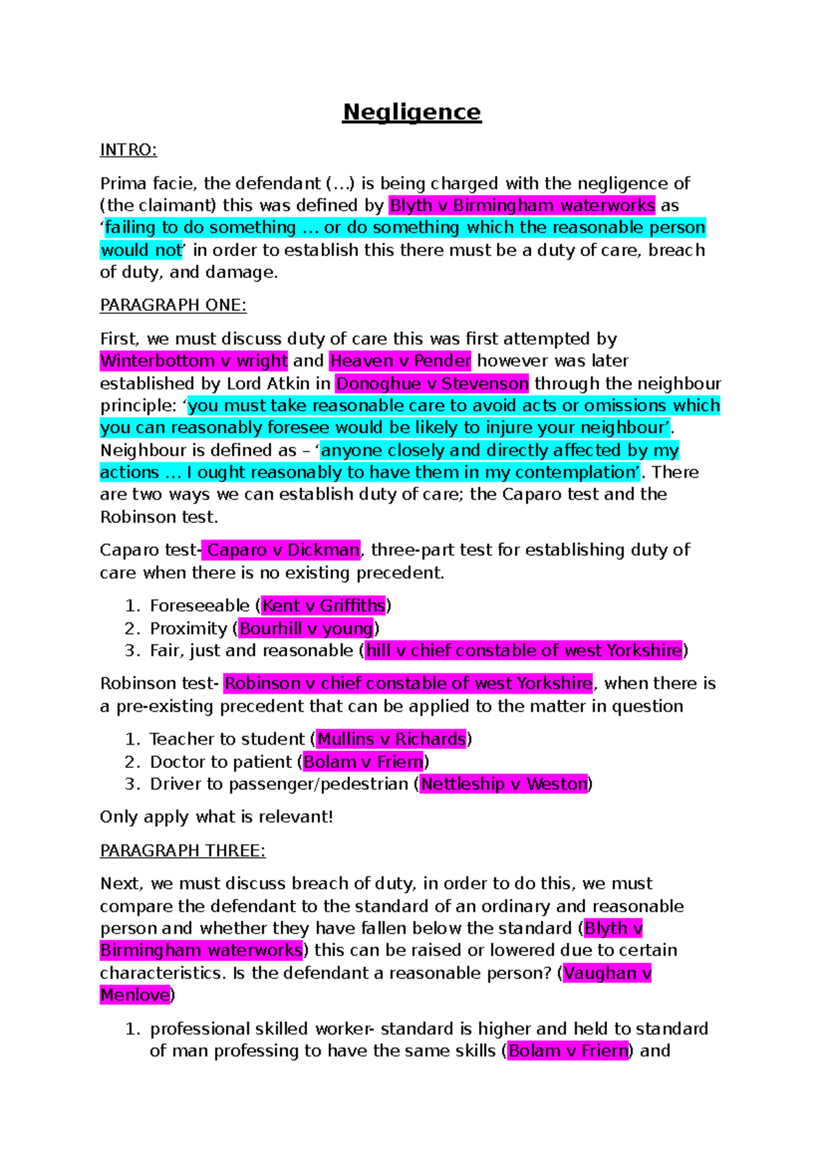 Negligence Law Model Answer: Duty, Breach, and Damage Analysis - Studocu
