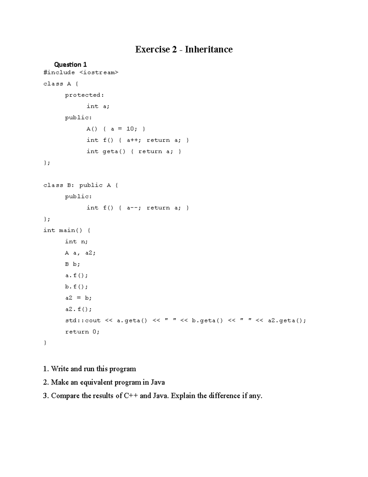 Chap2 Ex - Inheritance & Composition in C++ and Java - Studocu