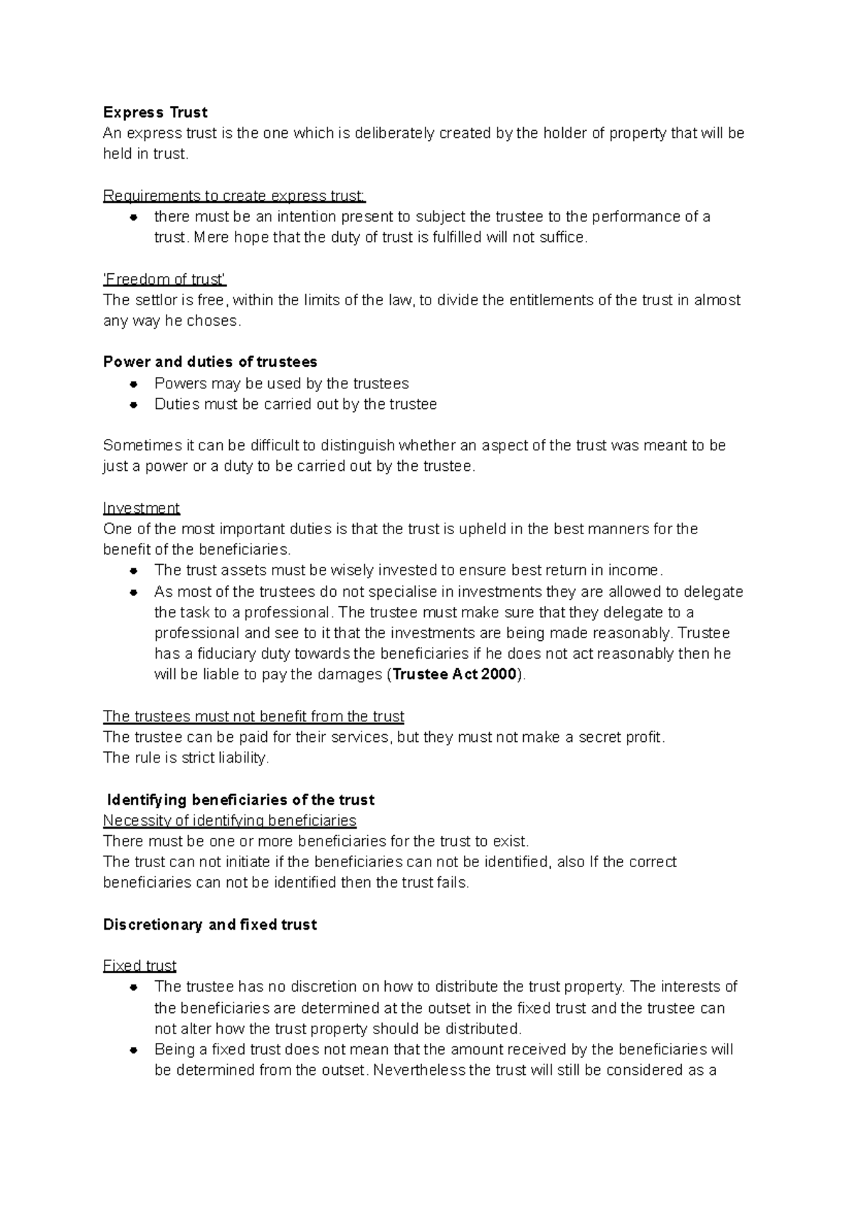 Types of Trusts - LLB Notes Overview for University of London - Studocu