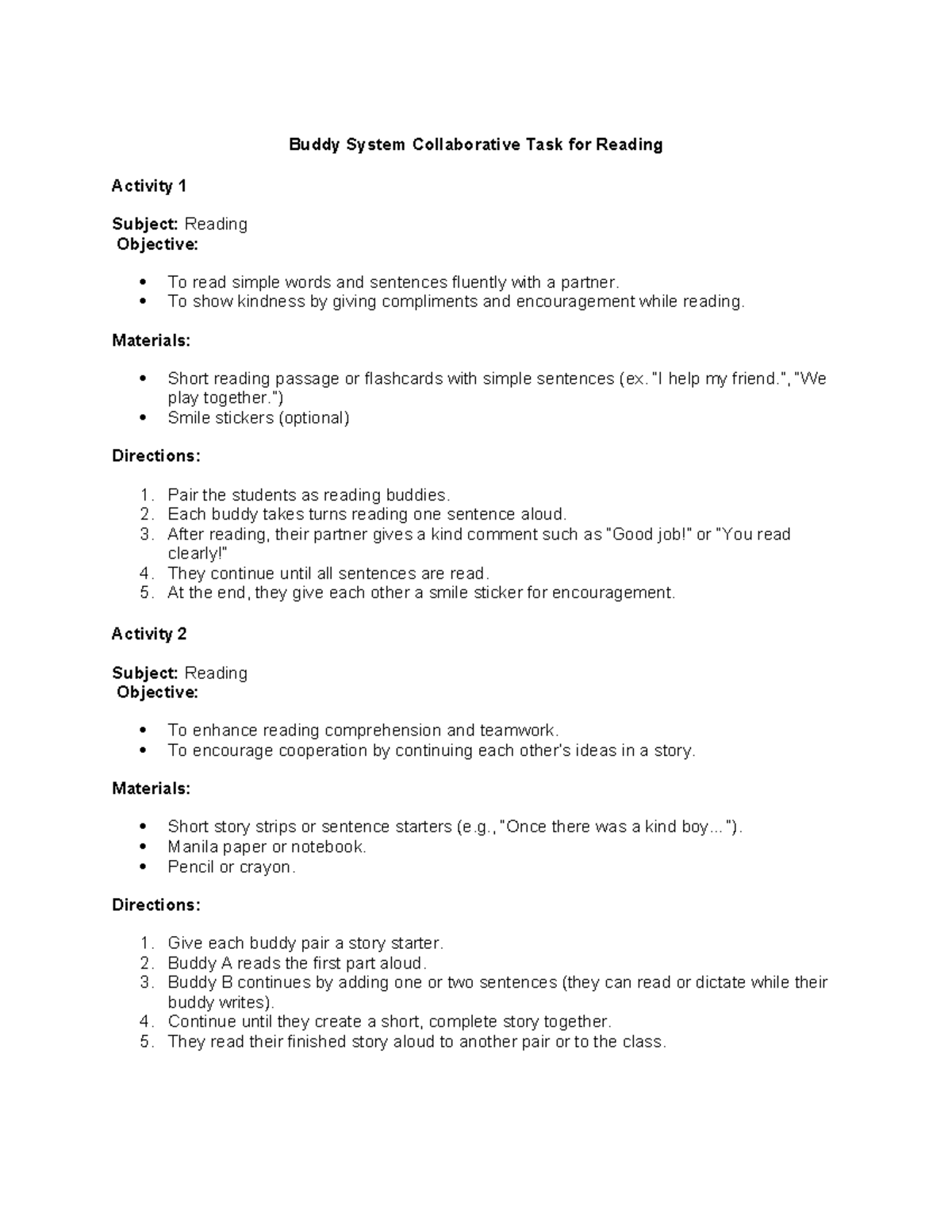 Buddy System Collaborative Tasks for Reading & Math Activities - Studocu