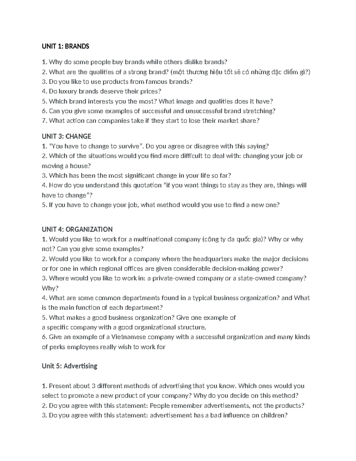 Speaking Questions for ENM Course: Unit Review and Discussion - Studocu