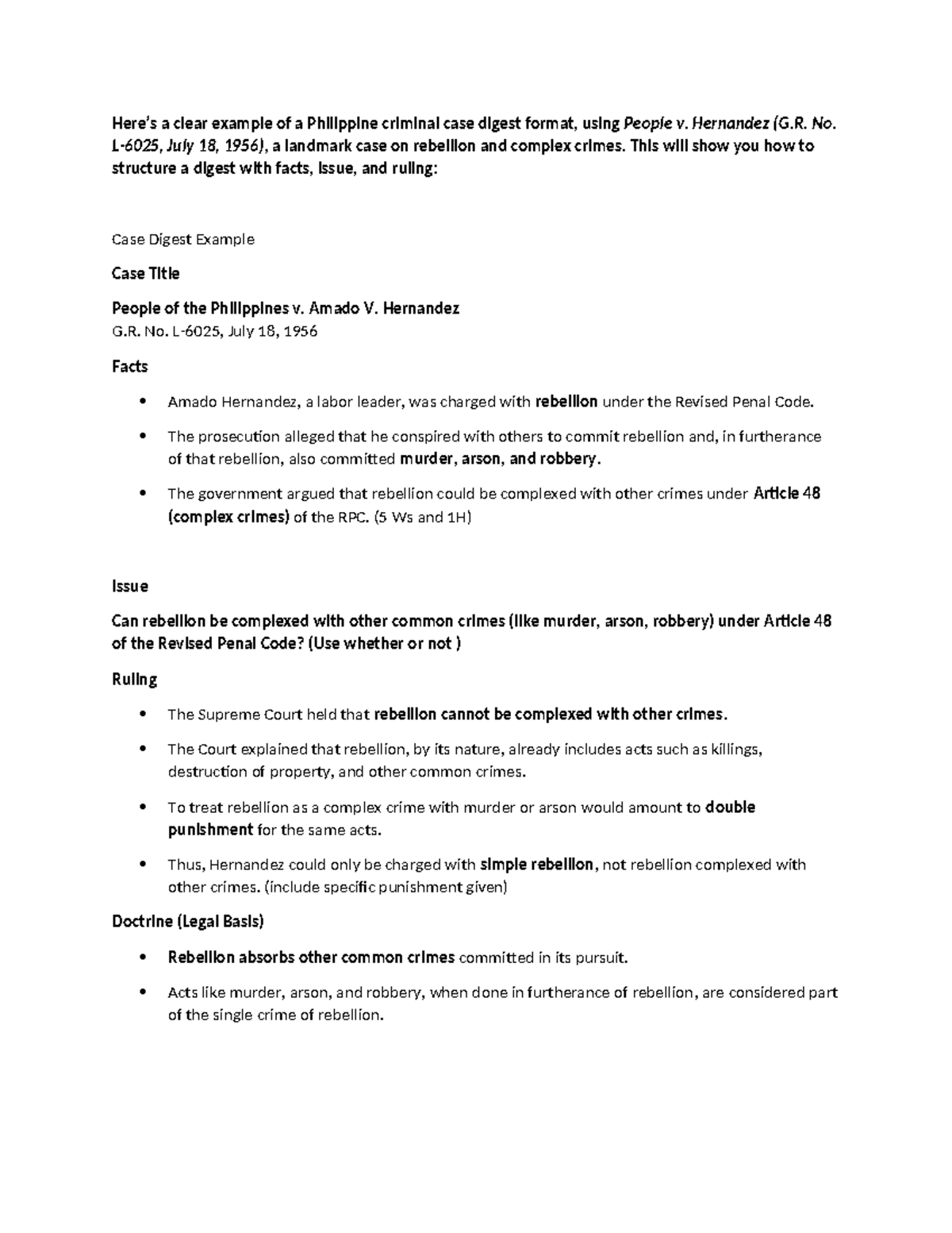 Case Digest Example: People v. Hernandez (G.R. No. 1956) on Rebellion ...